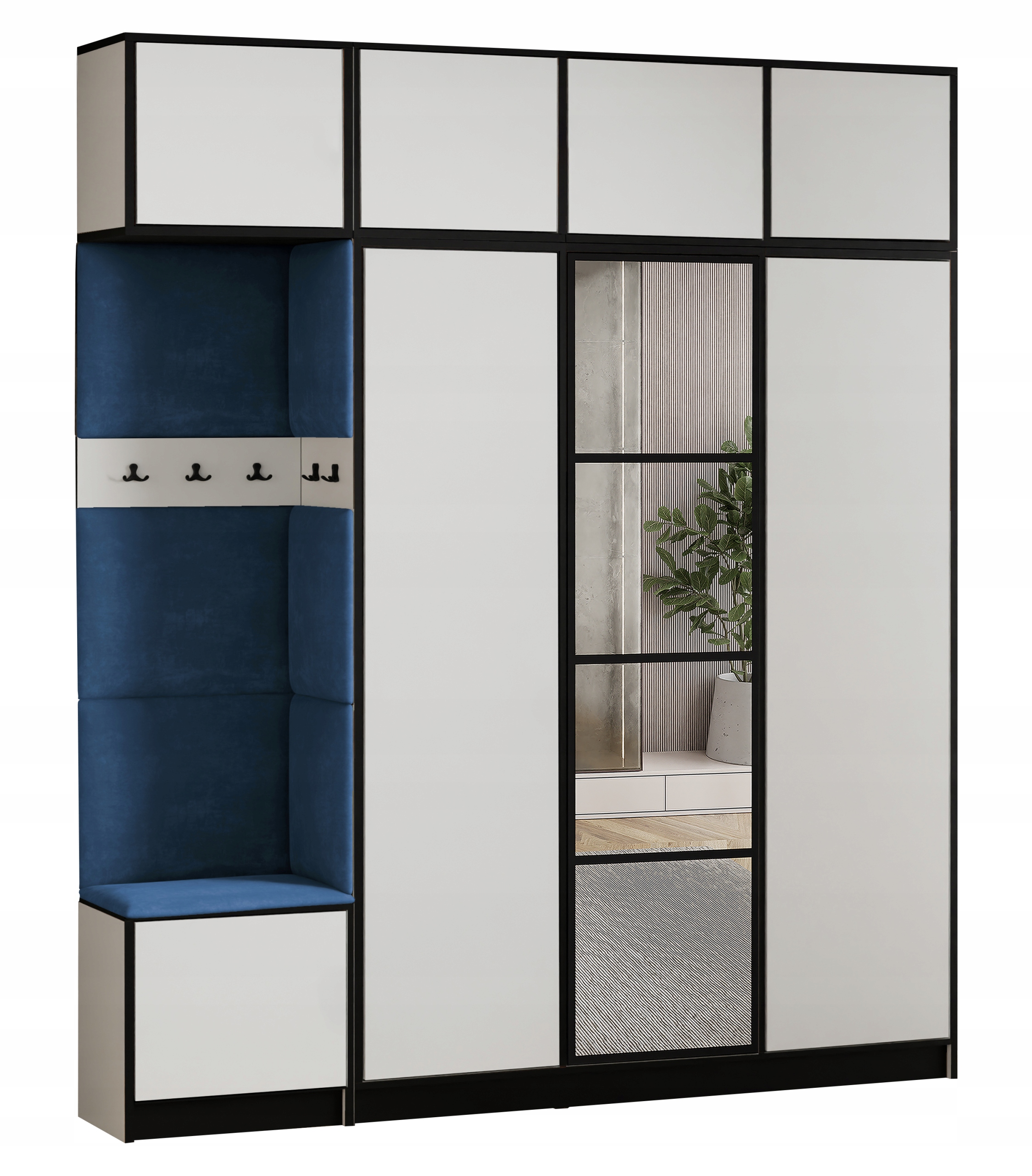 Šatní skříň Costa 14 bílá modrá tkanina, sedák s nástavcem