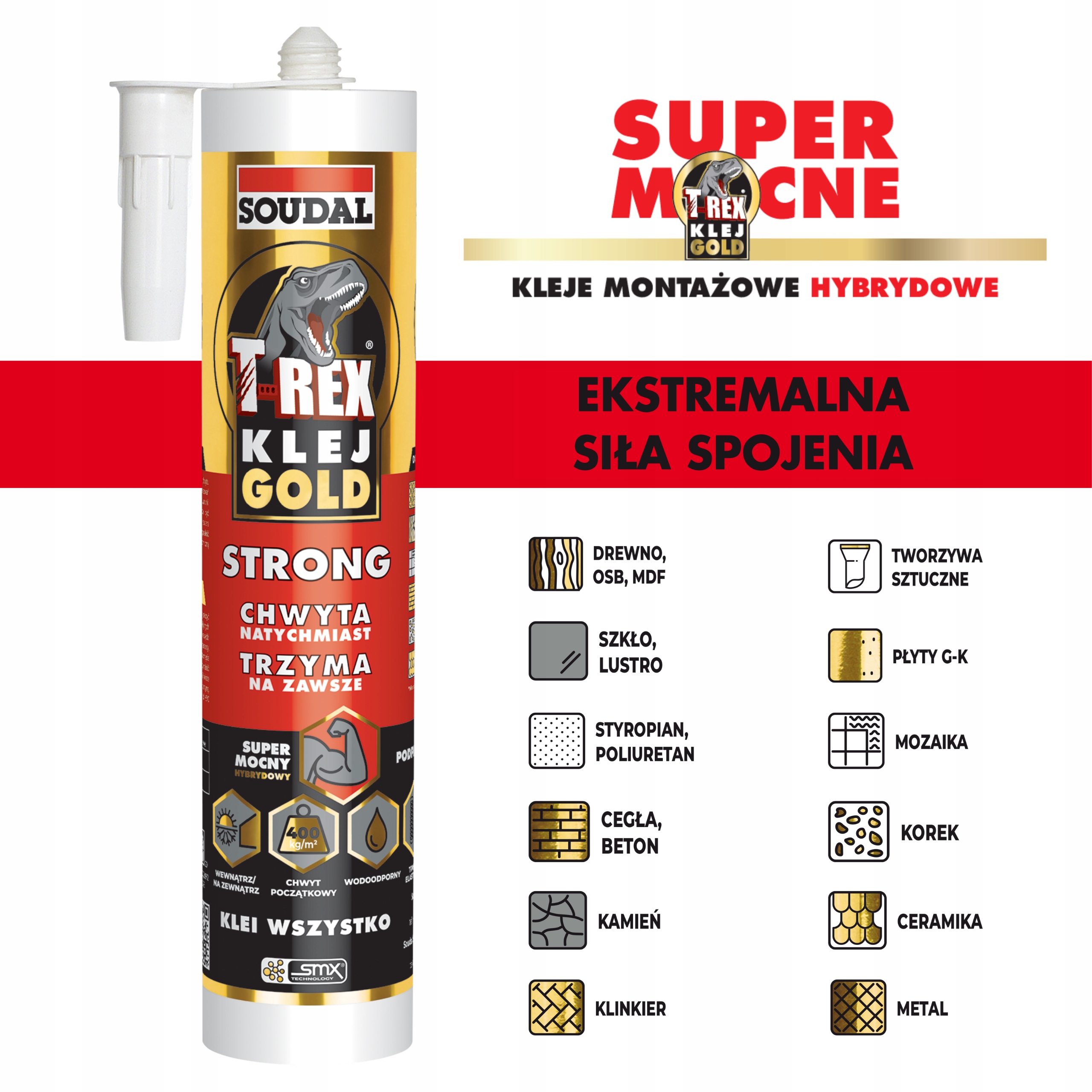 Klej montażowy uniwersalny Soudal T-REX GOLD STRONG 290 ml hybrydowy biały