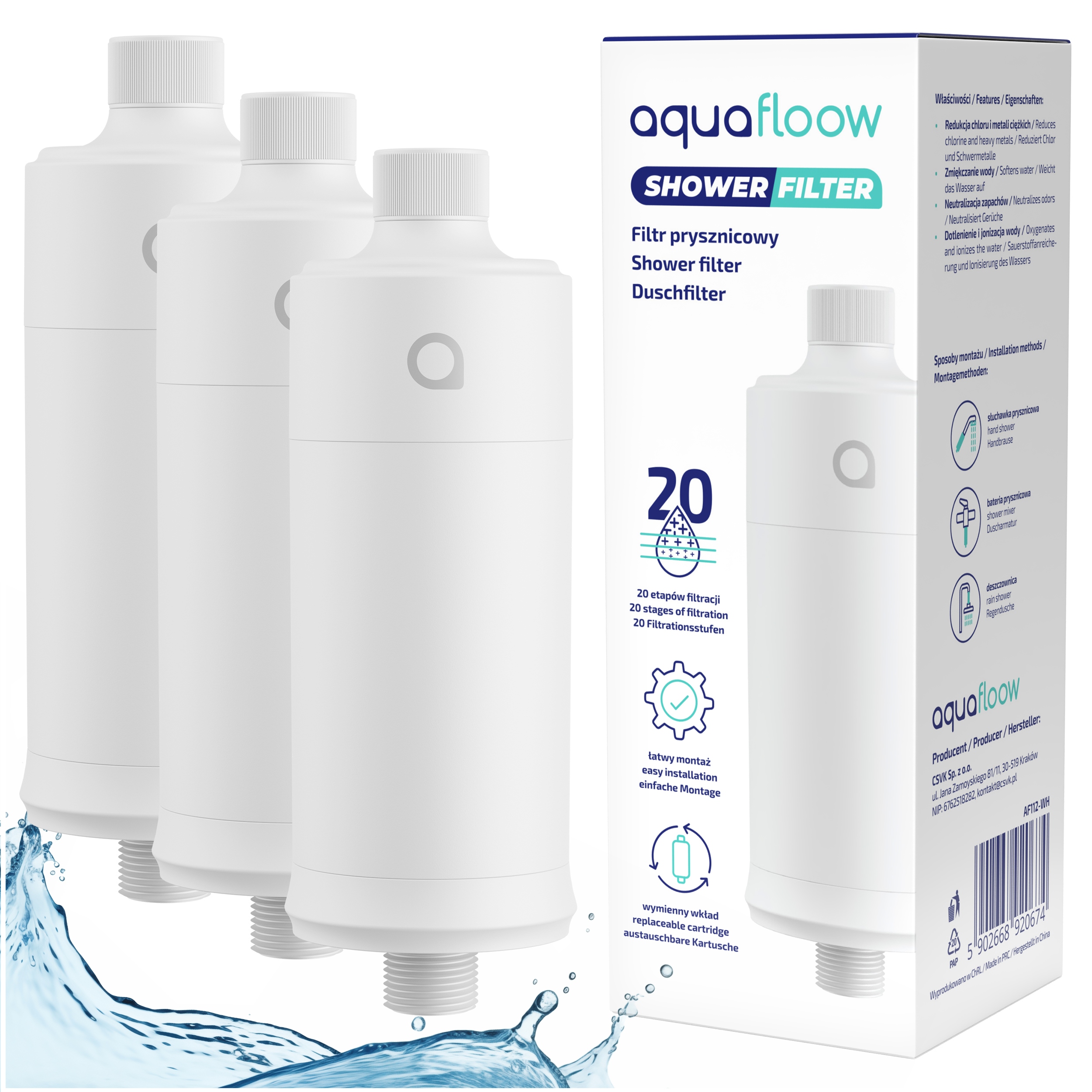 Sprchový filtr AquaFloow pro sprchu s 20 filtračními vrstvami – sada 3x
