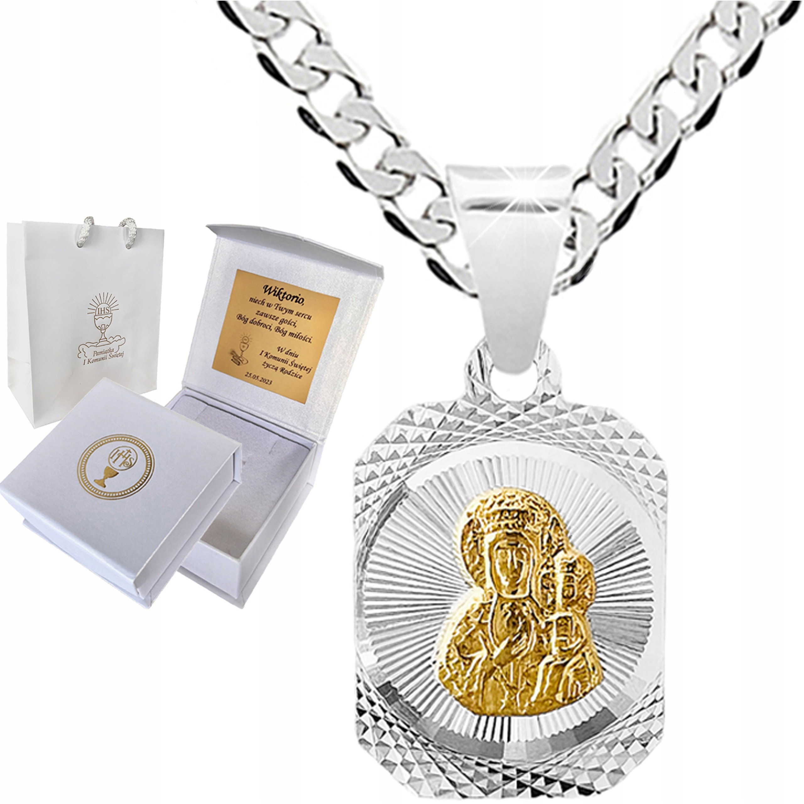 ŁAŃCUSZEK SREBRNY PANCERKA I MEDALIK 925 na KOMUNIĘ na CHRZEST SREBRO 925