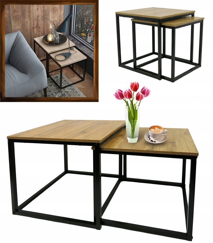 Kávový Stolek 2-DÍLNÝ, Sada Čtvercových Stolků Loft Industrial