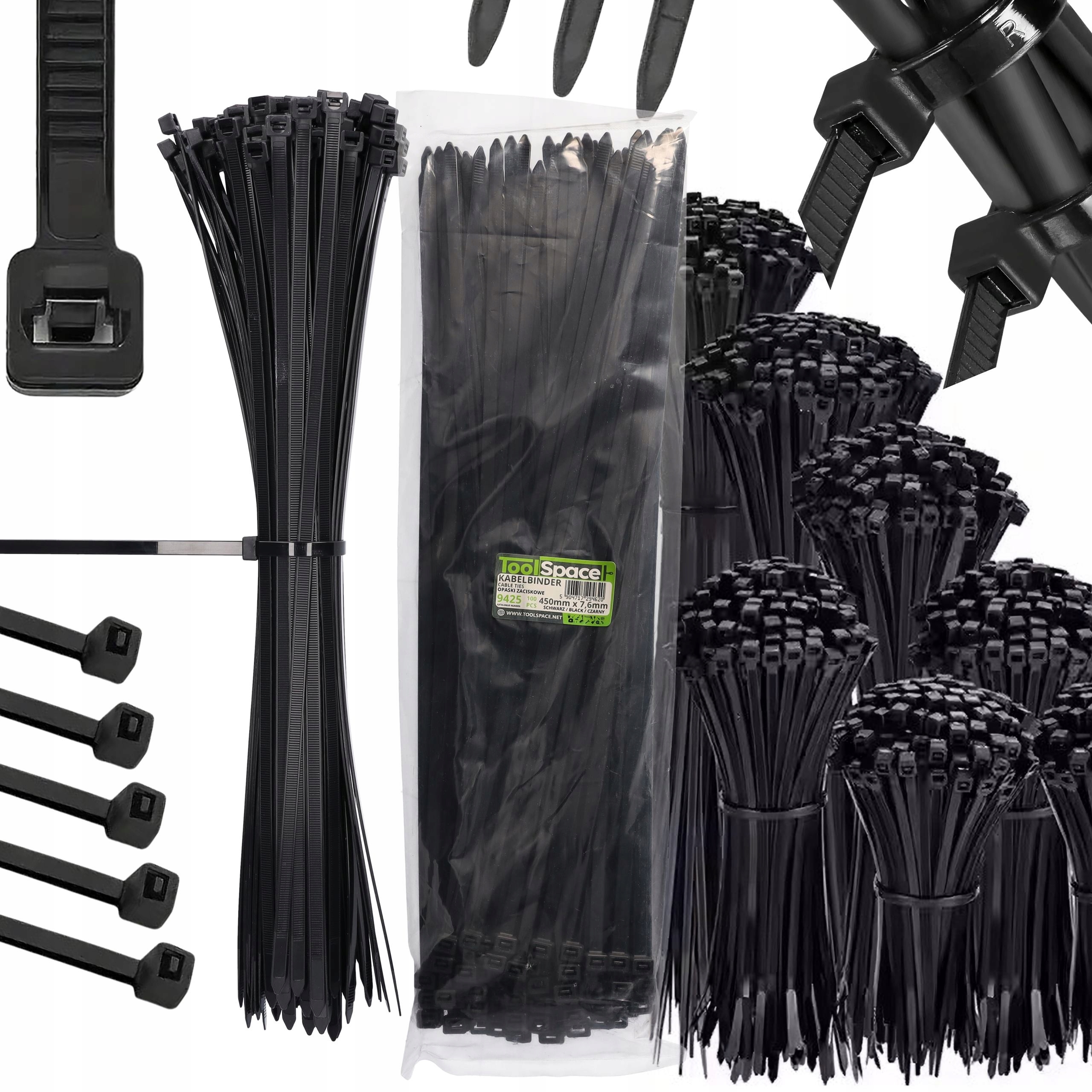 Opaski Kablowe Zaciskowe Czarna 450x7,6 Montażowe Do Spinania Mocne
