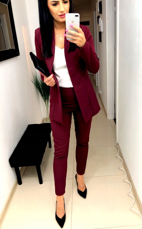 GARNITUR DAMSKI marynarka spodne BORDOWY XL Rękaw długi rękaw