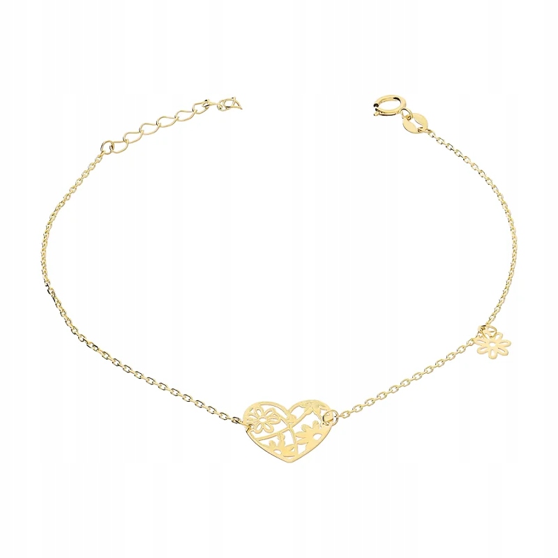 Zlatý náramek 585 Ažurové srdce a květina 14K na řetízku, ženská ozdoba