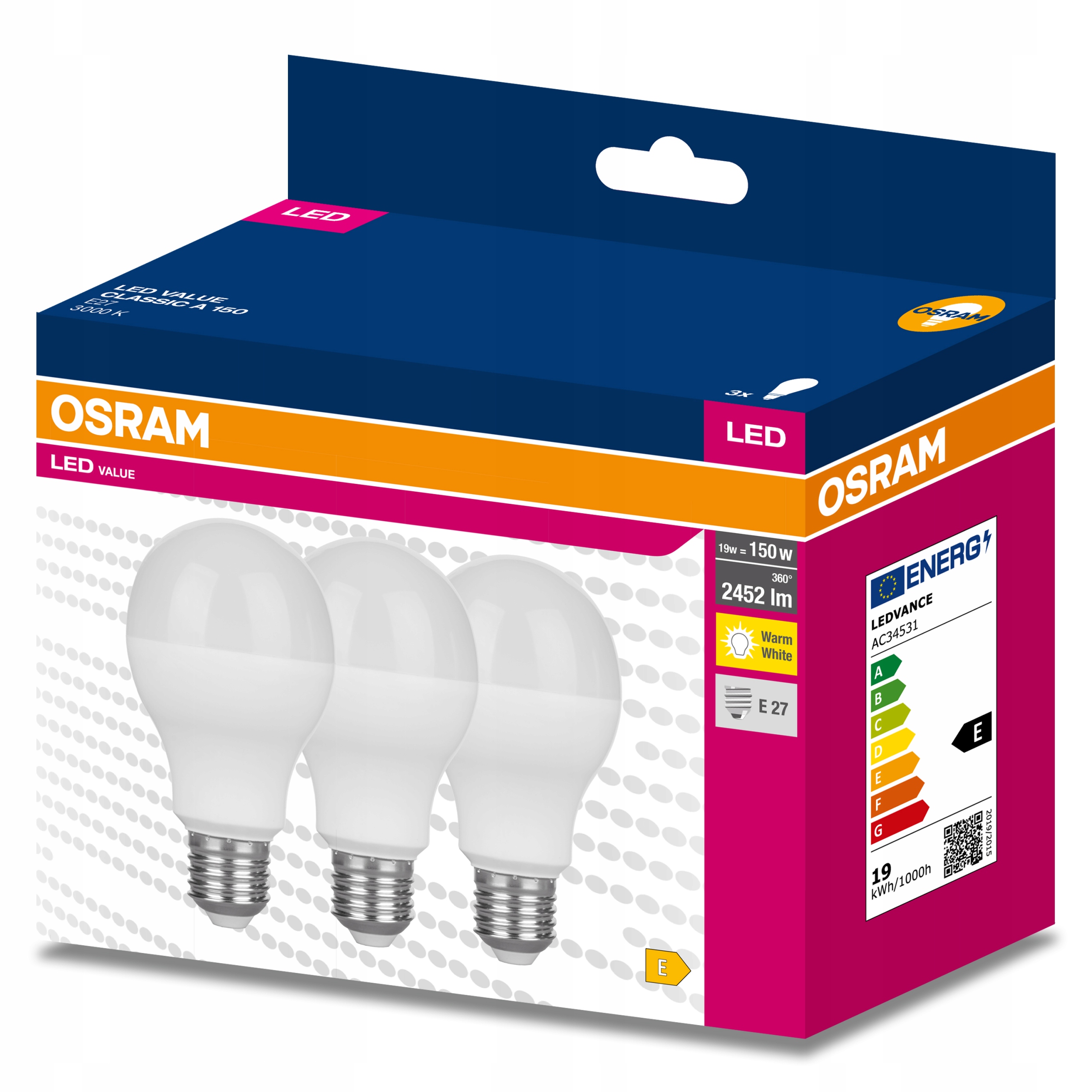 

3x Żarówka Led E27 A60 19W 150W 2452lm 3000K Osram