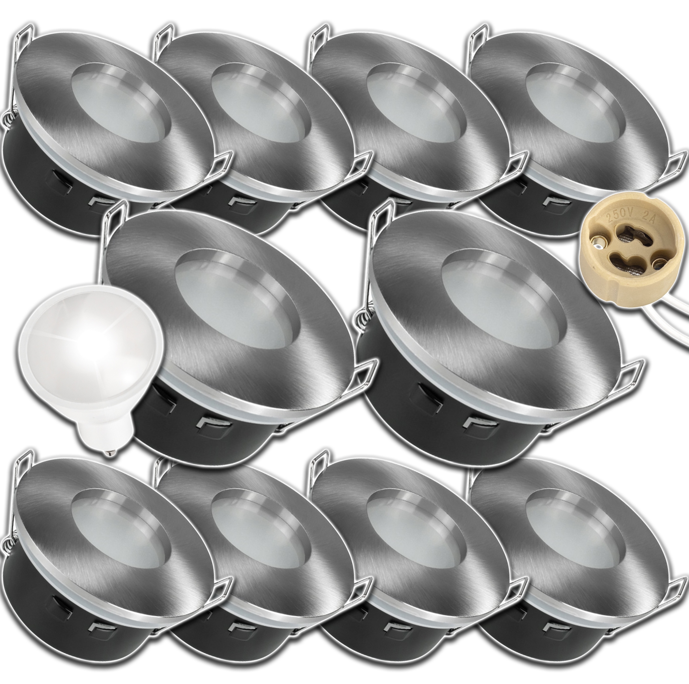 10x Stropní Svítidlo Kulaté Stříbrné IP64 Hermetické Žárovka GU10 1,5W 4000