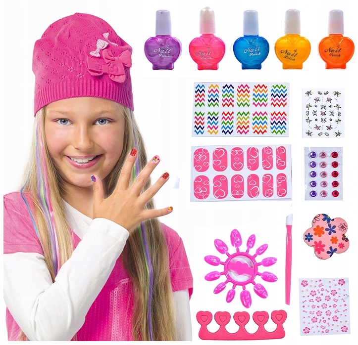 ZESTAW MANICURE DO MALOWANIA ZDOBIENIA PAZNOKCI DZIECI bezpieczne LAKIERY
