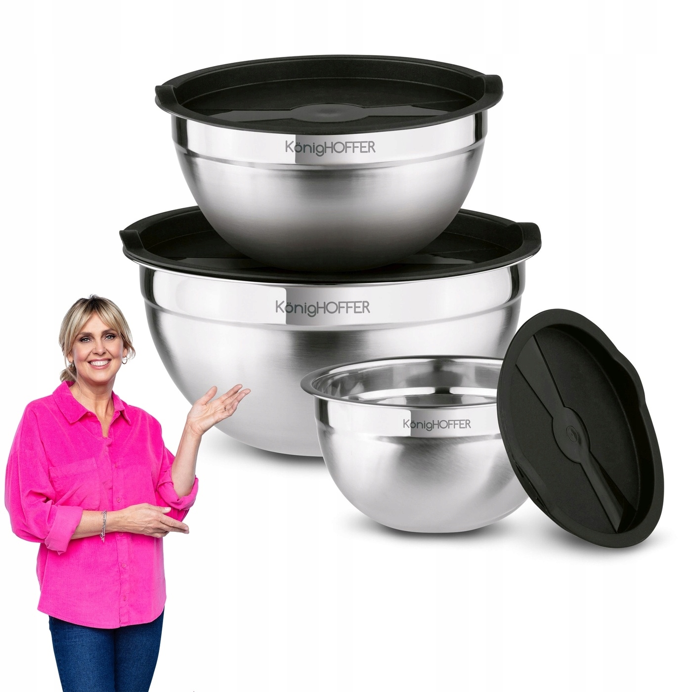 Zestaw 3x METALOWA MISKA Z POKRYWKĄ pojemniki kuchenne SATYNA Konighoffer