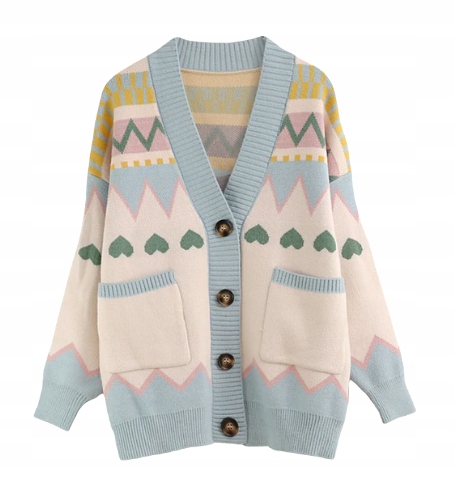 

Sweter Z Guzikami Niebieski Pastelowy Serduszka