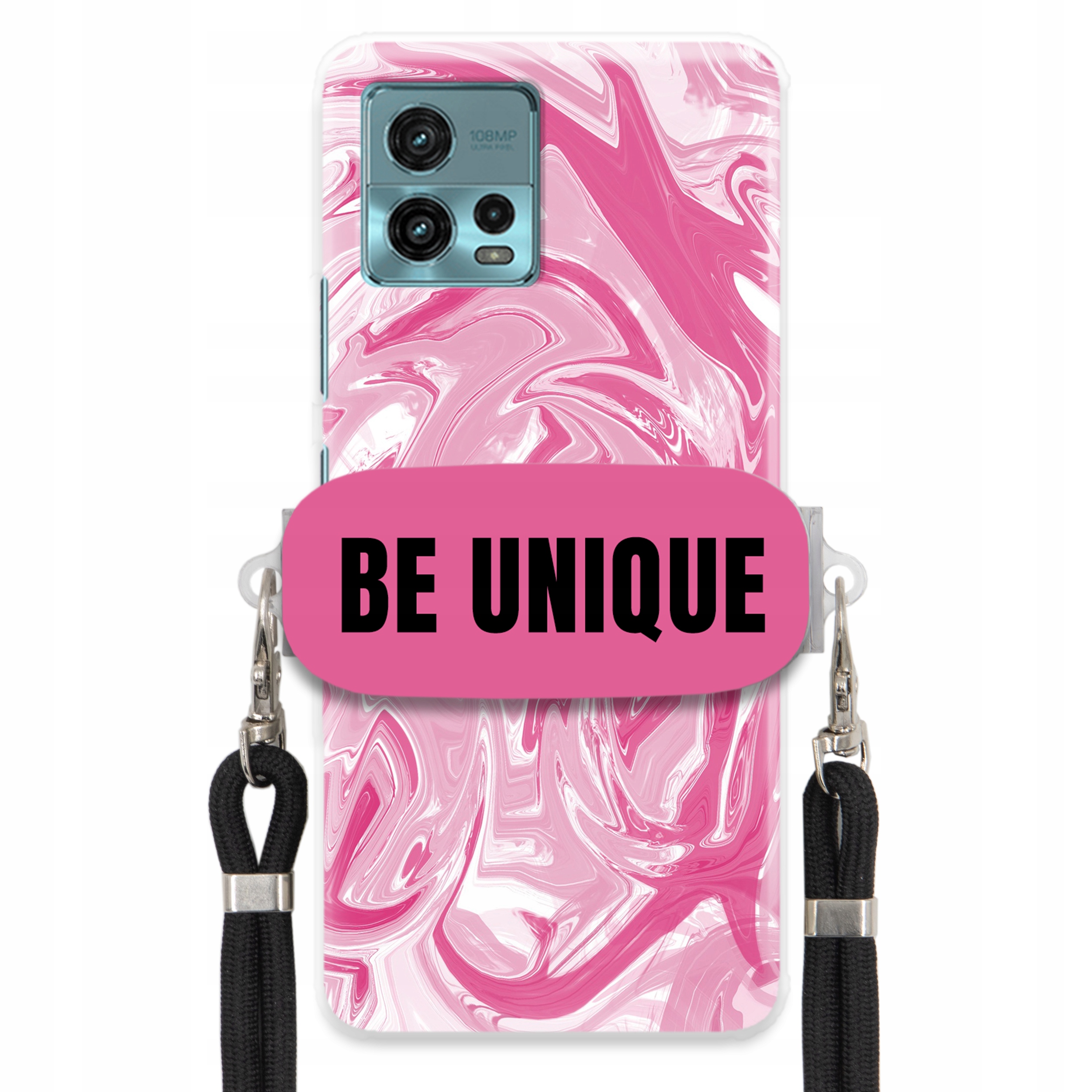 Puzdro pre Motorola G72 držiak na šnúrku Čierna Ružová Mramor Be Unique