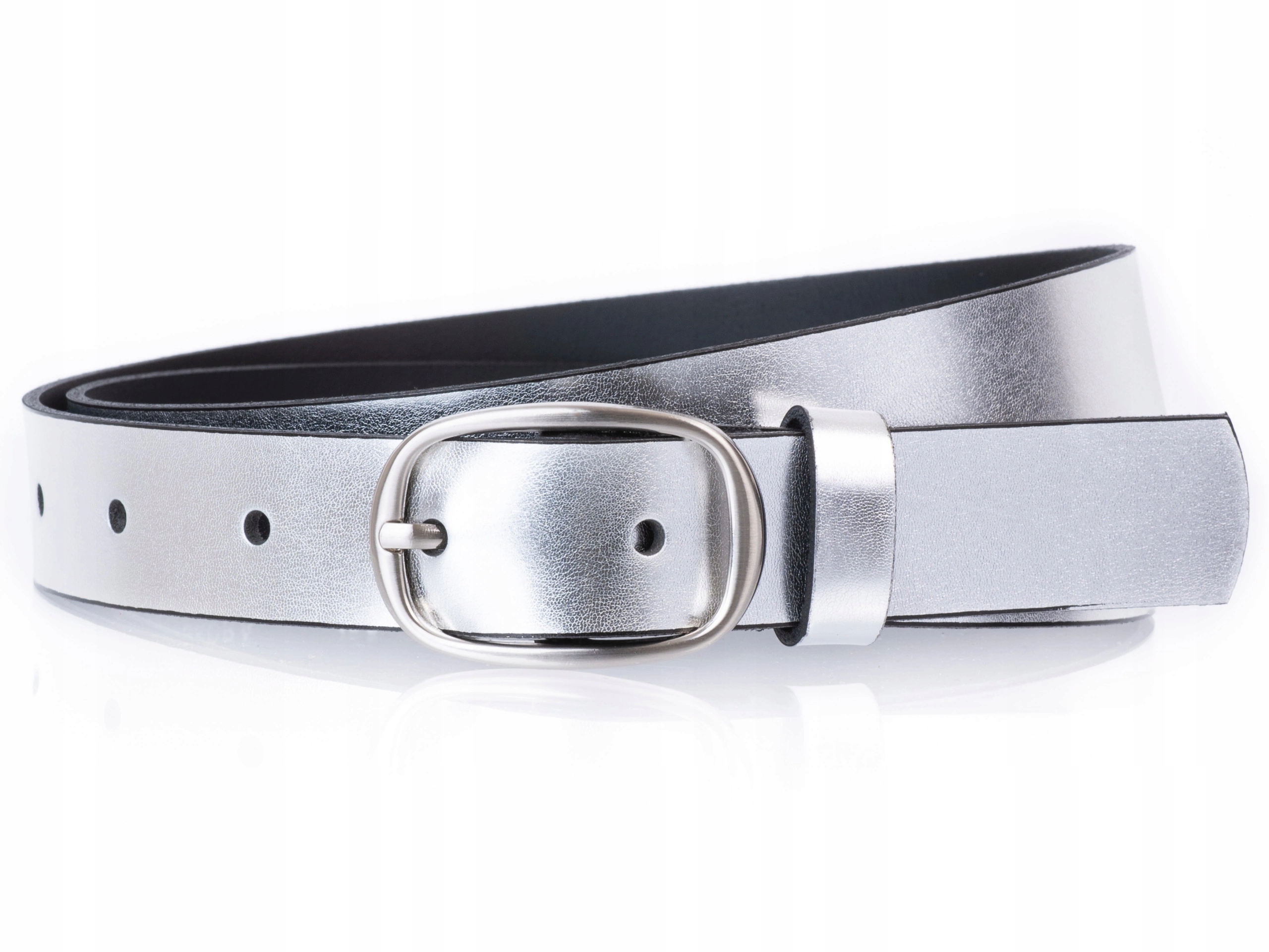 Pasek SKÓRZANY damski do spodni SREBRNY | L