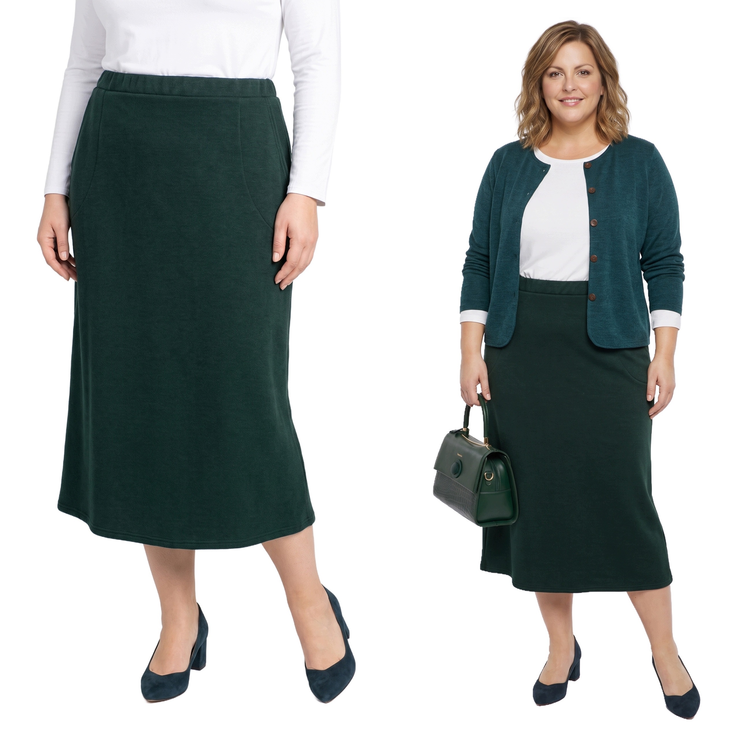 Zelená teplá sukně s kapsami plus size velikost 56