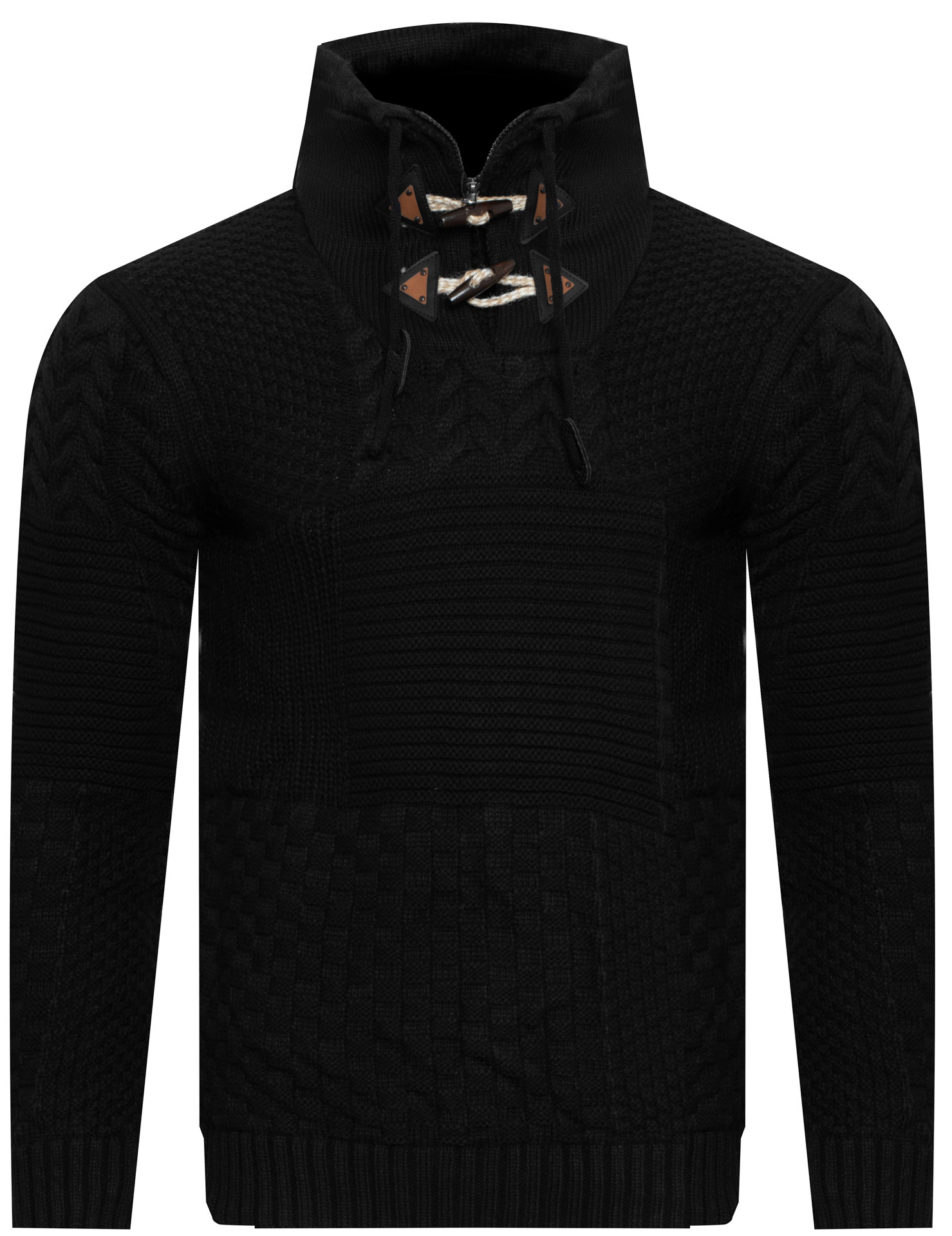 Pánský svetr s rolákem Cju 51251 152/ČERNÝ, vlněný, teplý, copánkový vzor