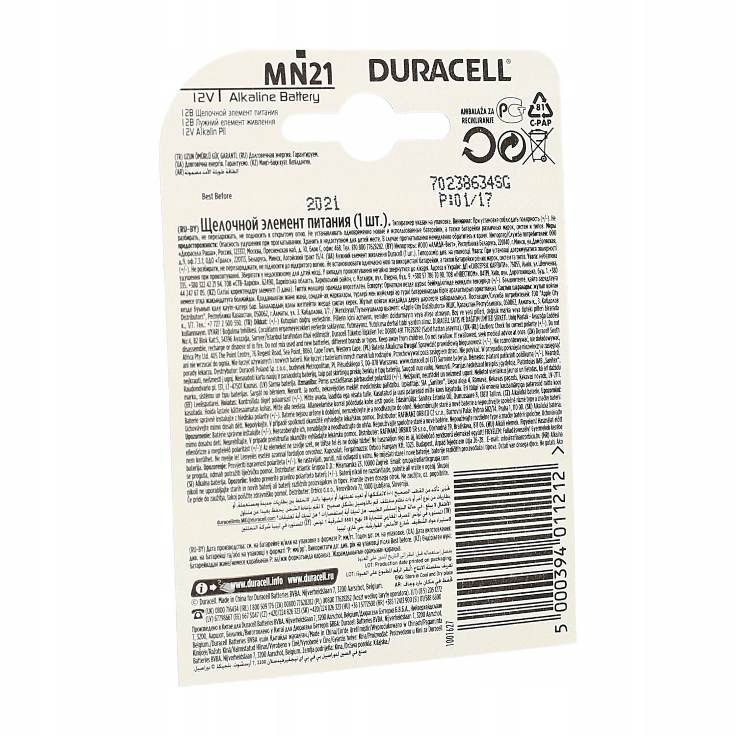 Bateria Duracell 12V P23GA 23A L1028 LRV08 MN21 2X Marka Duracell