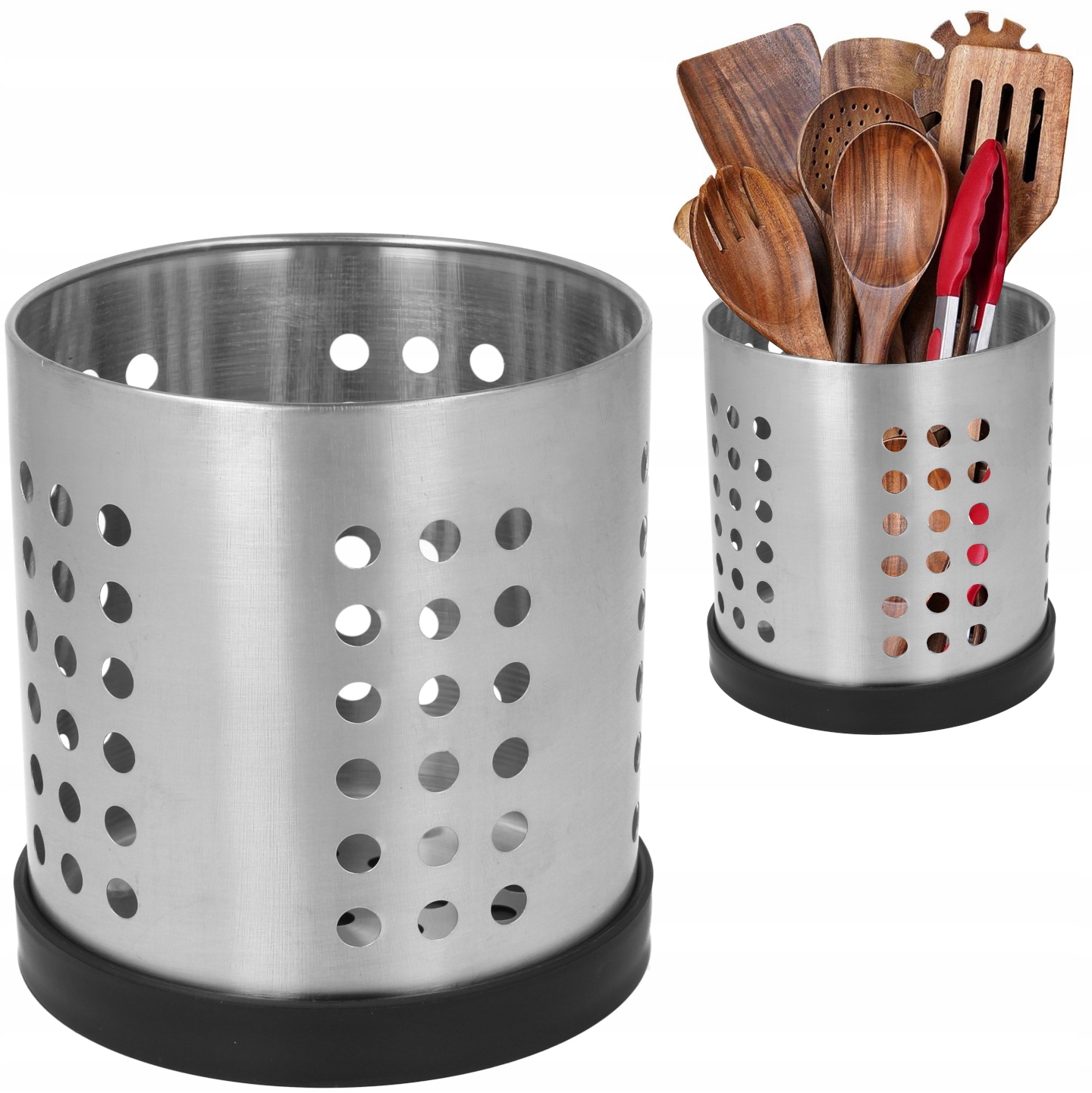 OCIEKACZ STOJAK STALOWY NA SZTUĆCE PRZYBORY Z PODSTAWKĄ SREBRNY