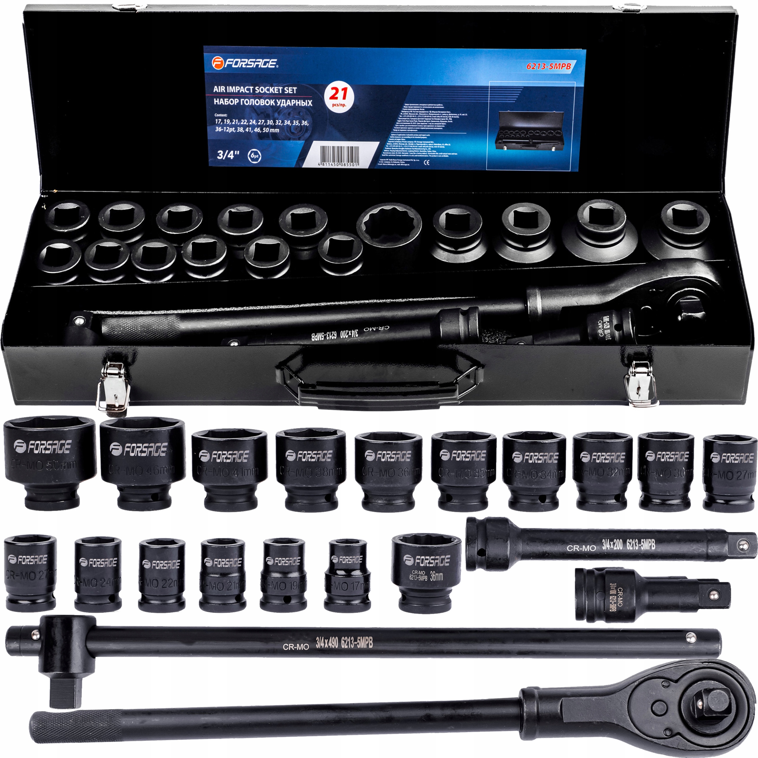 Klucze Nasadowe Nasadki Udarowe Grzechotka Zestaw 3/4" 21EL 17-50MM Walizka