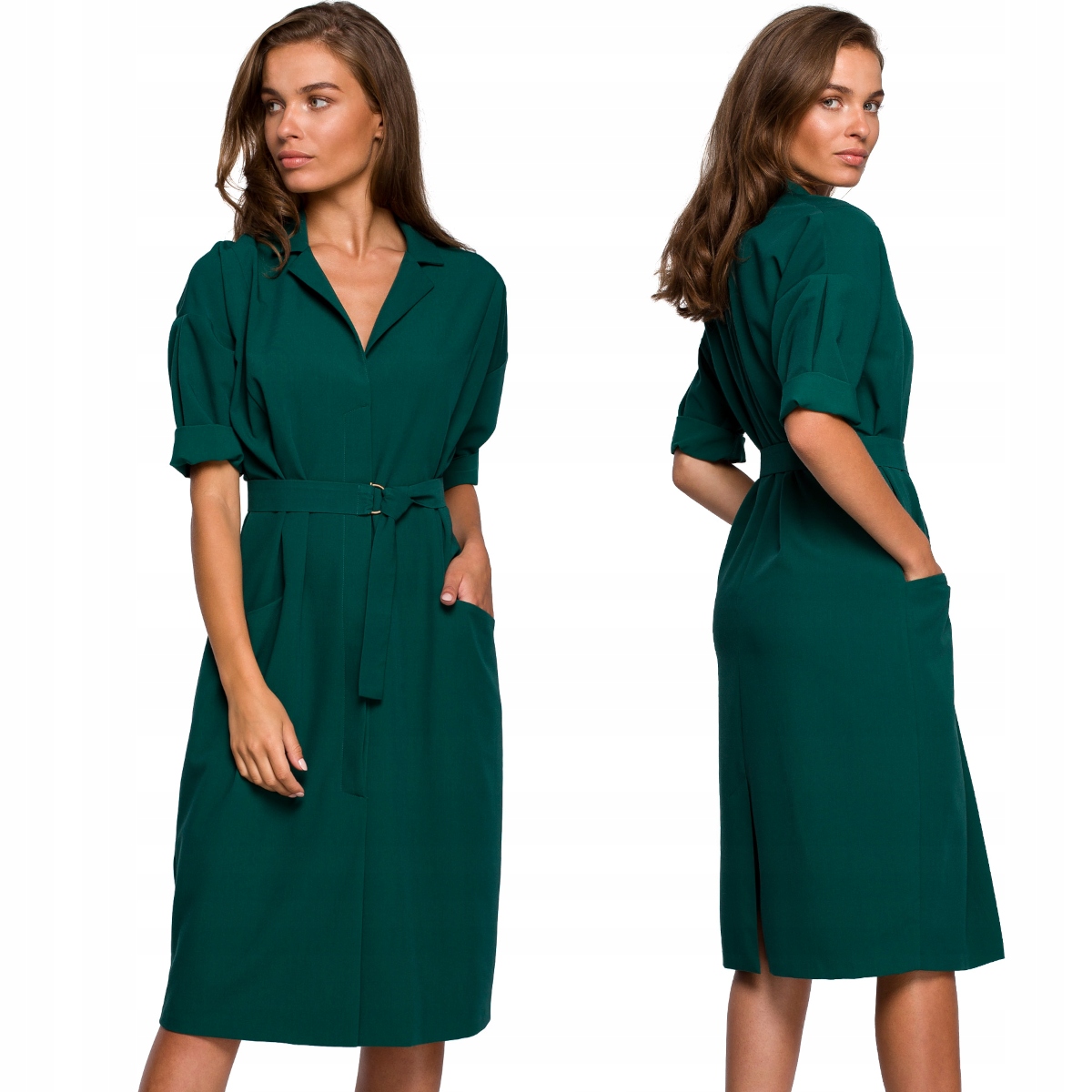 ELEGANCKA DAMSKA KOBIECA SUKIENKA Z KOŁNIERZEM KIESZENIE ZIELONA 36 S