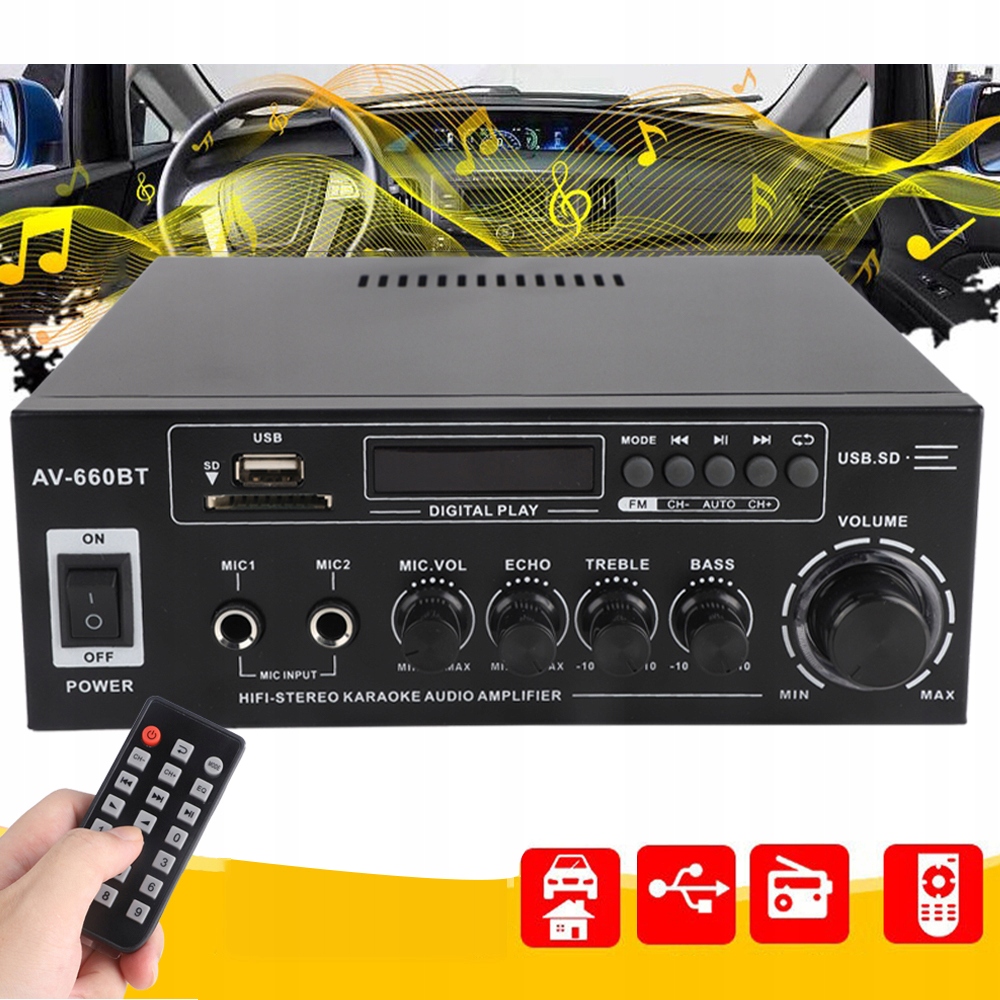 MOCNY WZMACNIACZ HIFI KINA DOMOWEGO SURROUND BT 5.0 FM Z PILOTEM AV-660BT Model Amplifiers