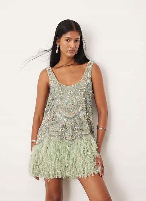 Zdobená Flitrová Koktejlová Šaty Korálky Střapce Peří Edice 48 4XL