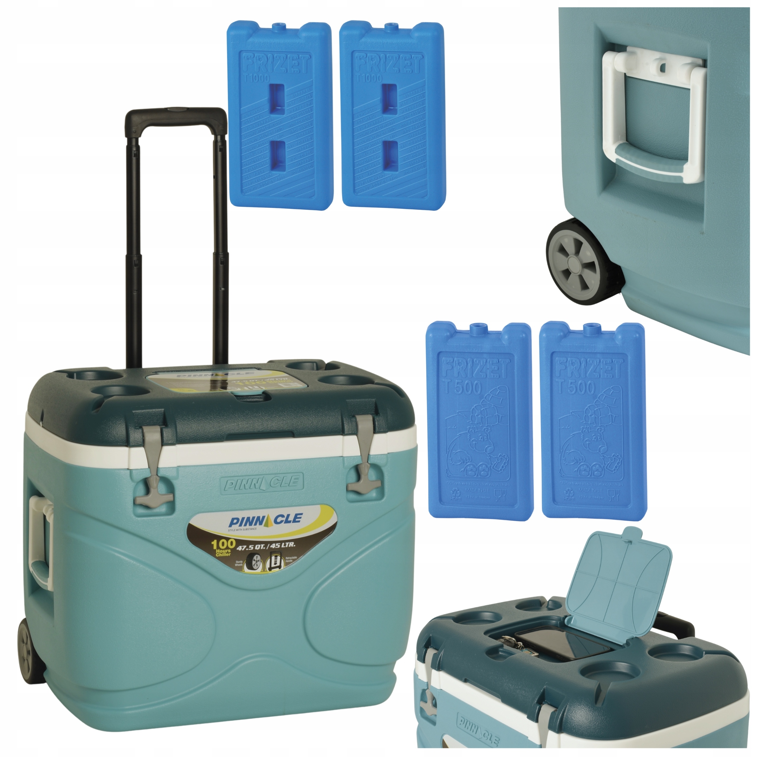 Pinnacle Turistická lednička velká 45 l na kolečkách, světle modrá, 4 chladicí vložky