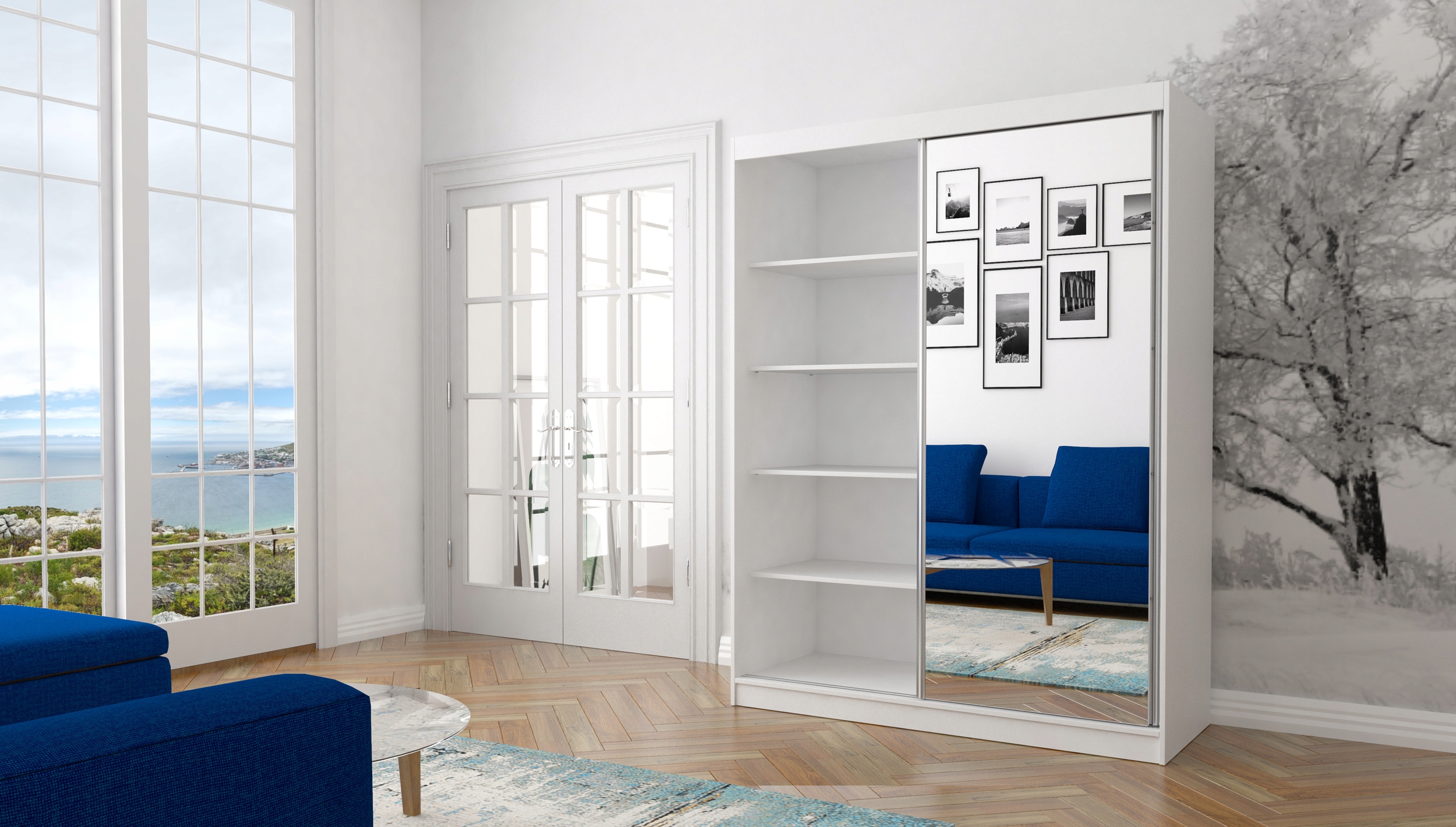 Szafa Przesuwna BONO BIS 05 160 z Lustrem pojemna półki BIAŁY PRODUCENT Kolekcja IDZCZAK-MEBLE