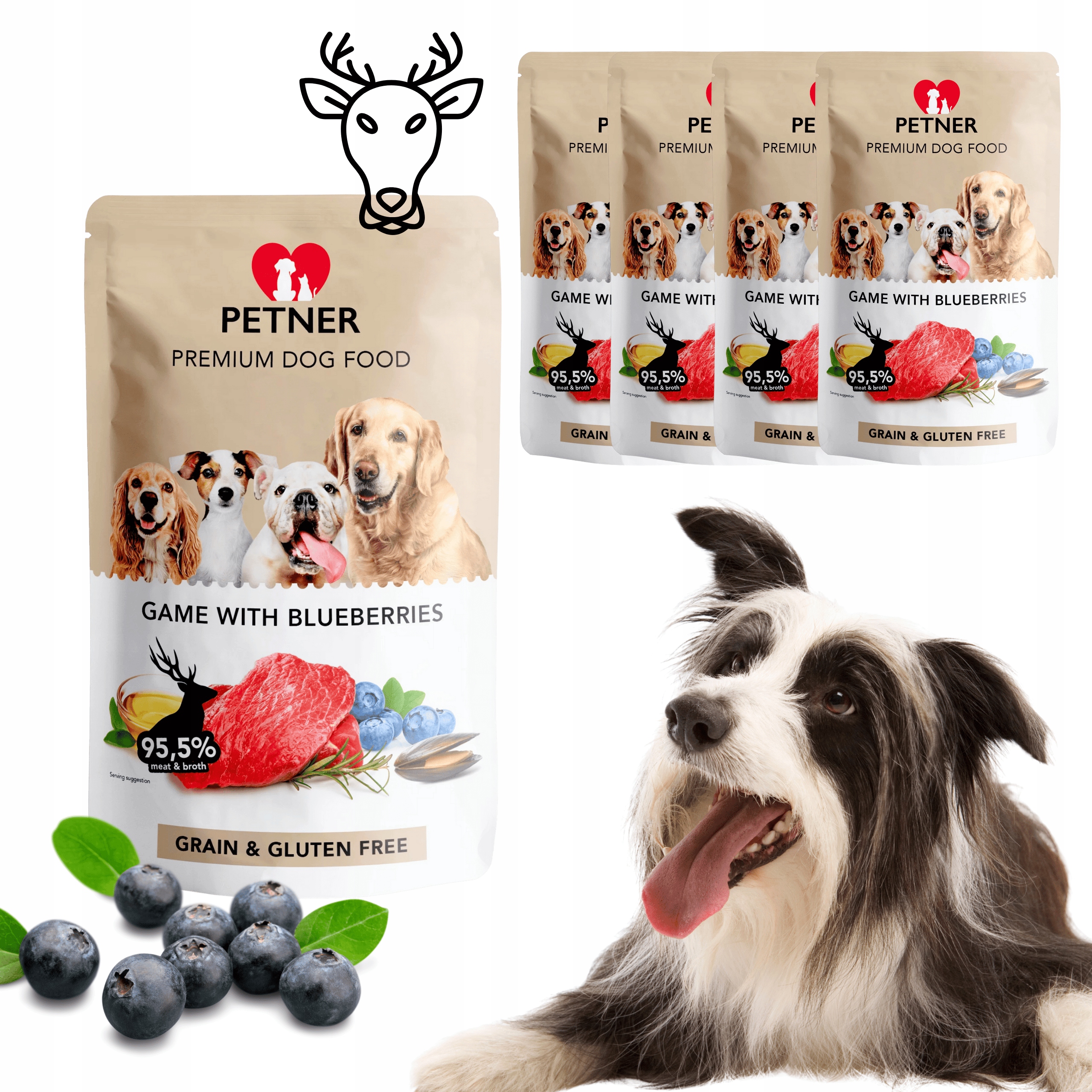 Vlhké krmivo pro psy, zvěřina s borůvkou, kompletní krmivo Petner 5x500 g