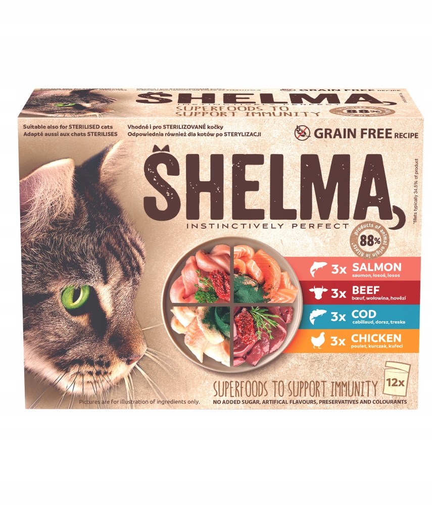 Levně Krmivo Vlhké pro kočky Sáčky Shelma Bez obilovin Mix Chutí 48 ks x 85 g