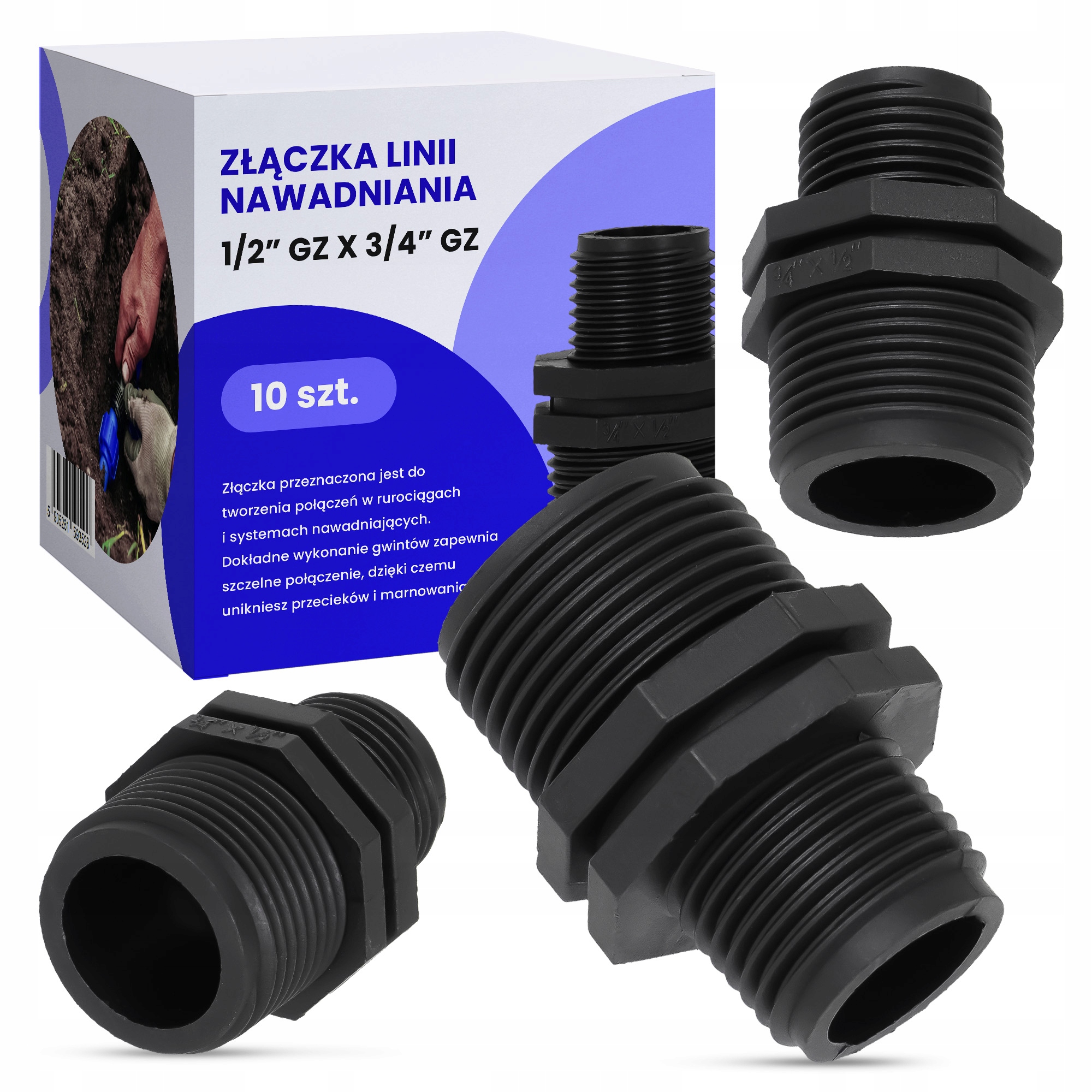 

10x Złączka Nypel Redukcja Nawadniania 1/2" x 3/4"