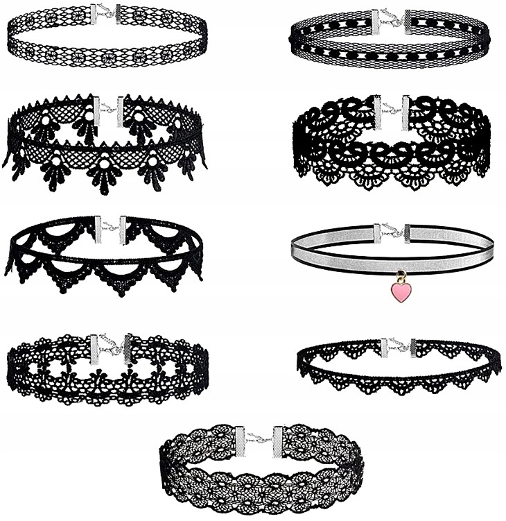 

Damski Naszyjnik Zestaw 9szt Choker rzemyk Czarny