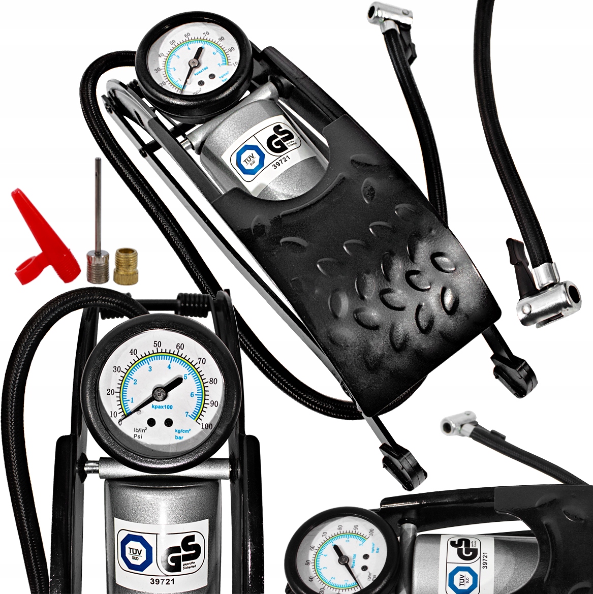 Pompka nożna Start z manometrem do samochodów i rowerów z końcówkami