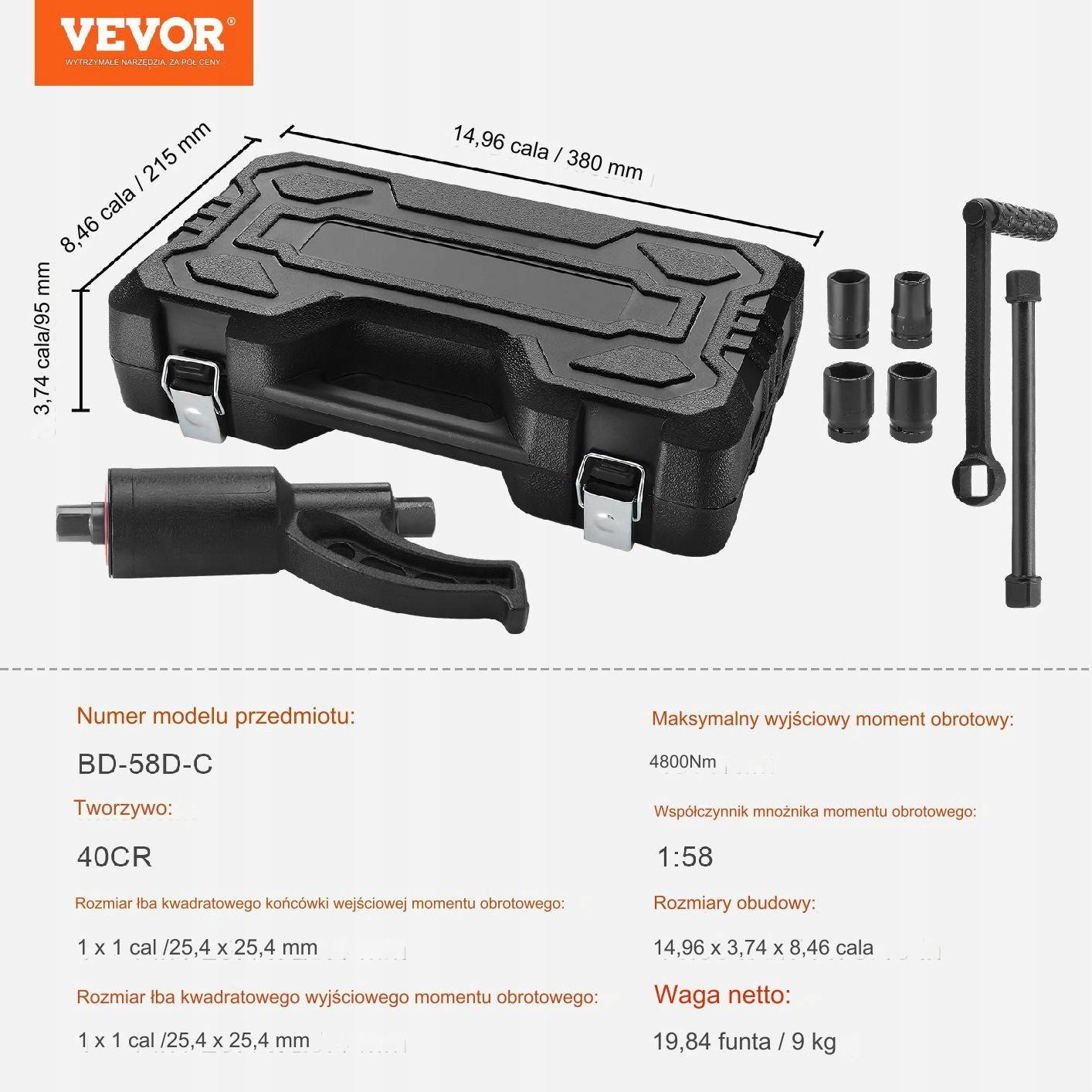 Zestaw Kluczy Dynamometrycznych do Nakrętek Mocujących 4 Gniazda Marka Vevor