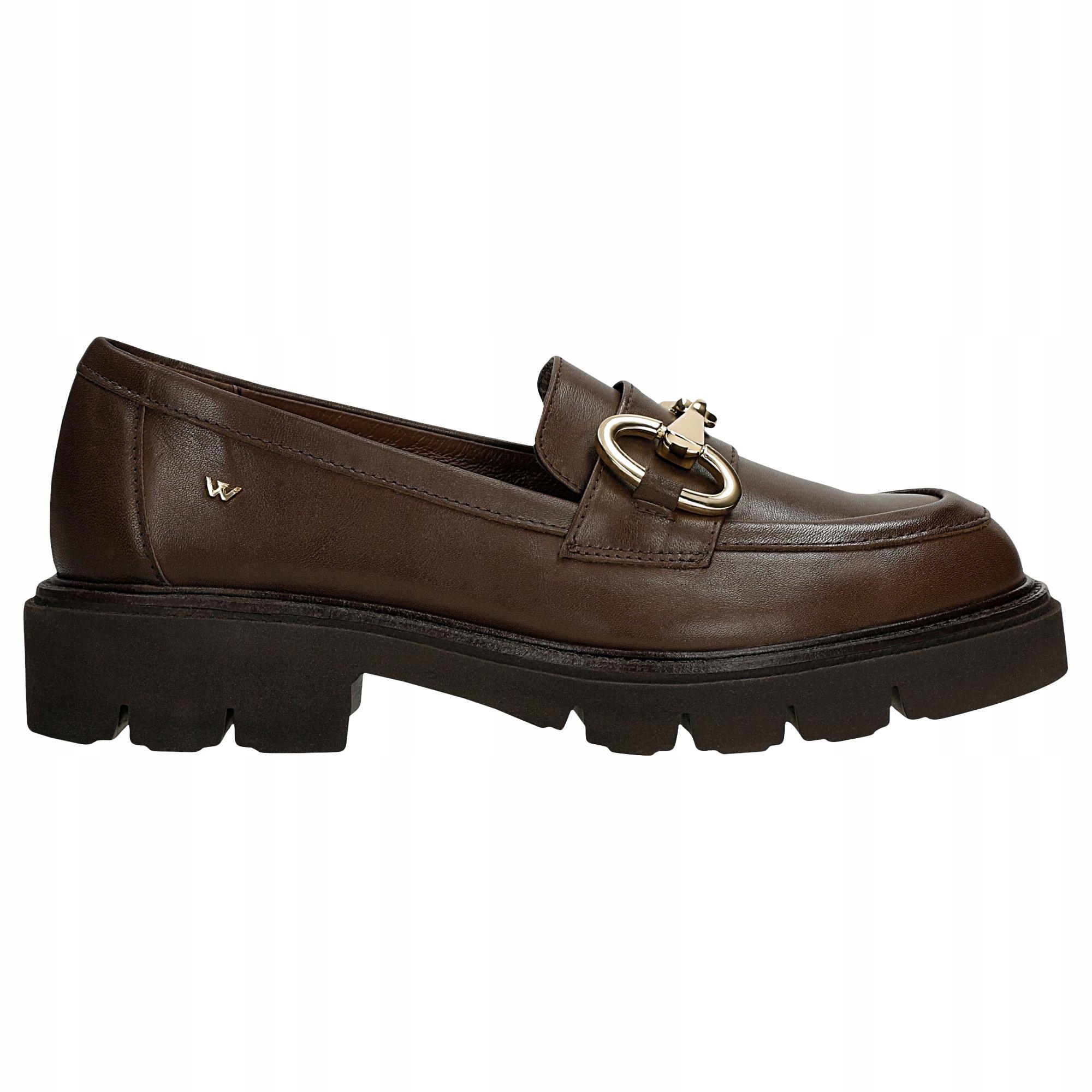 Dámské polobotky hnědé kožené mokasíny se zlatou ozdobou Wojas vel.