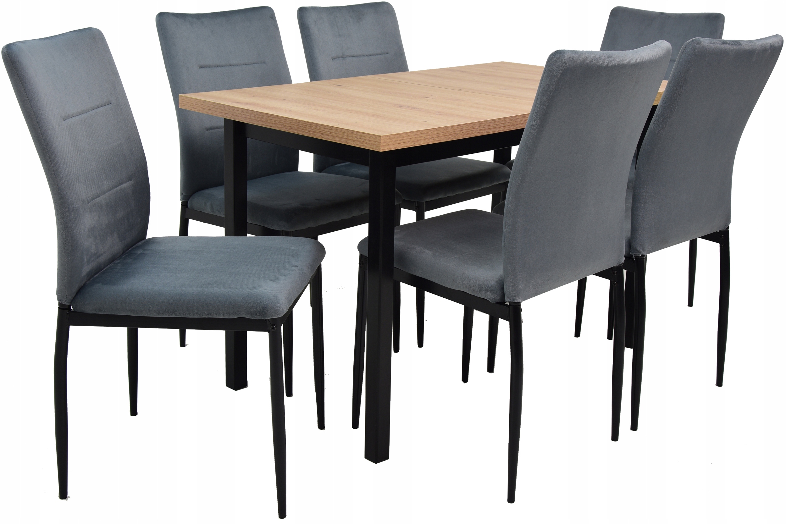 6 SZARYCH Krzeseł w WELURZE i Rozkładany stół 70x120/160 blat DĄB ARTISAN