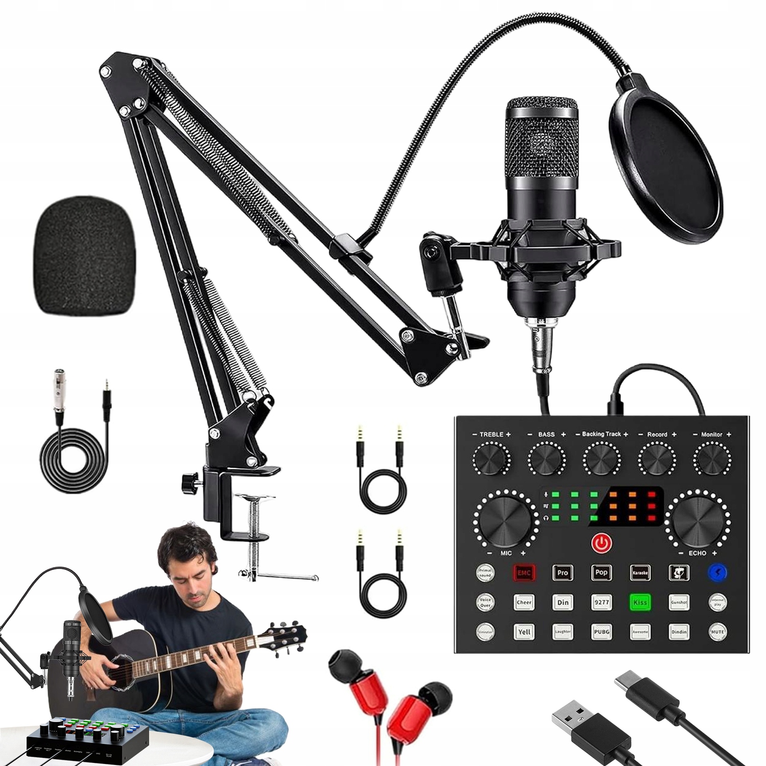 Velký Studiový Mikrofon Usb Jack Kondenzátorový Herní Stativ Filtr Sada