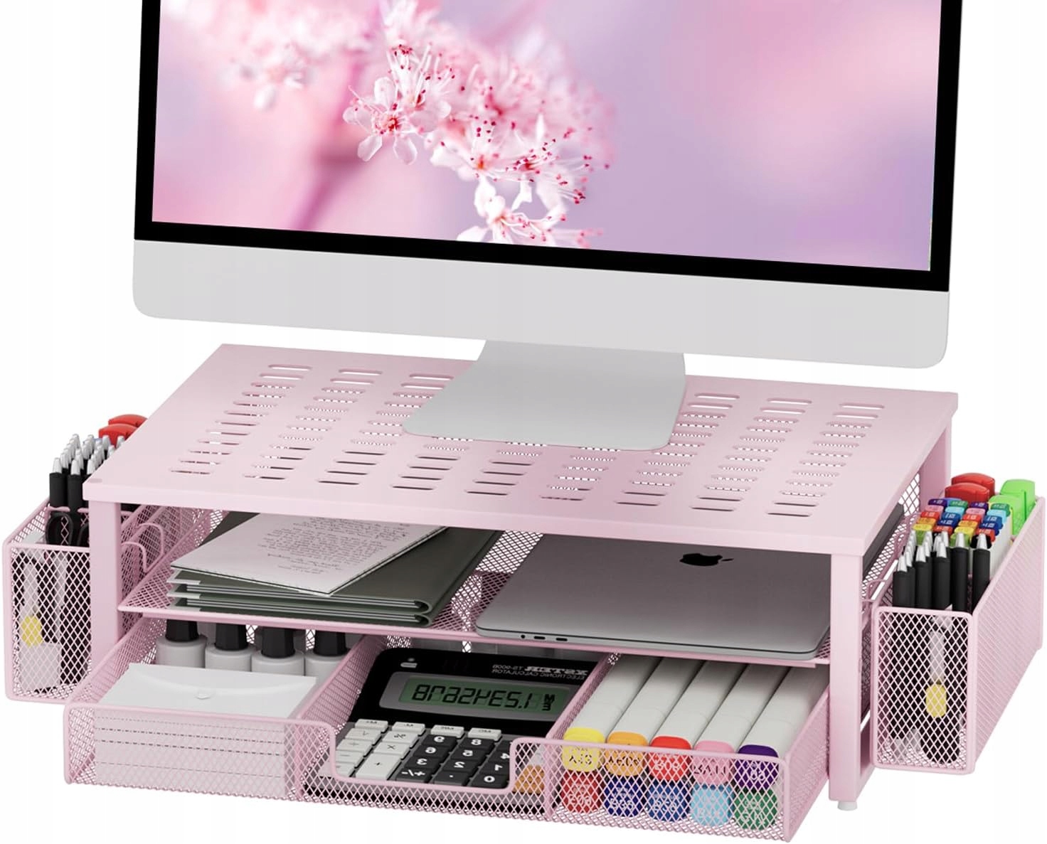 J748. Stojak podstawka pod monitor z szufladą i uchwytem na długopisy róż