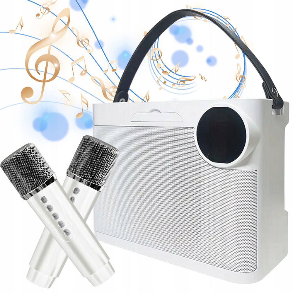 Bluetooth Karaoke Sada: Reproduktor, 2 Mikrofony, Efekty, Pásek, Bílý 10 W