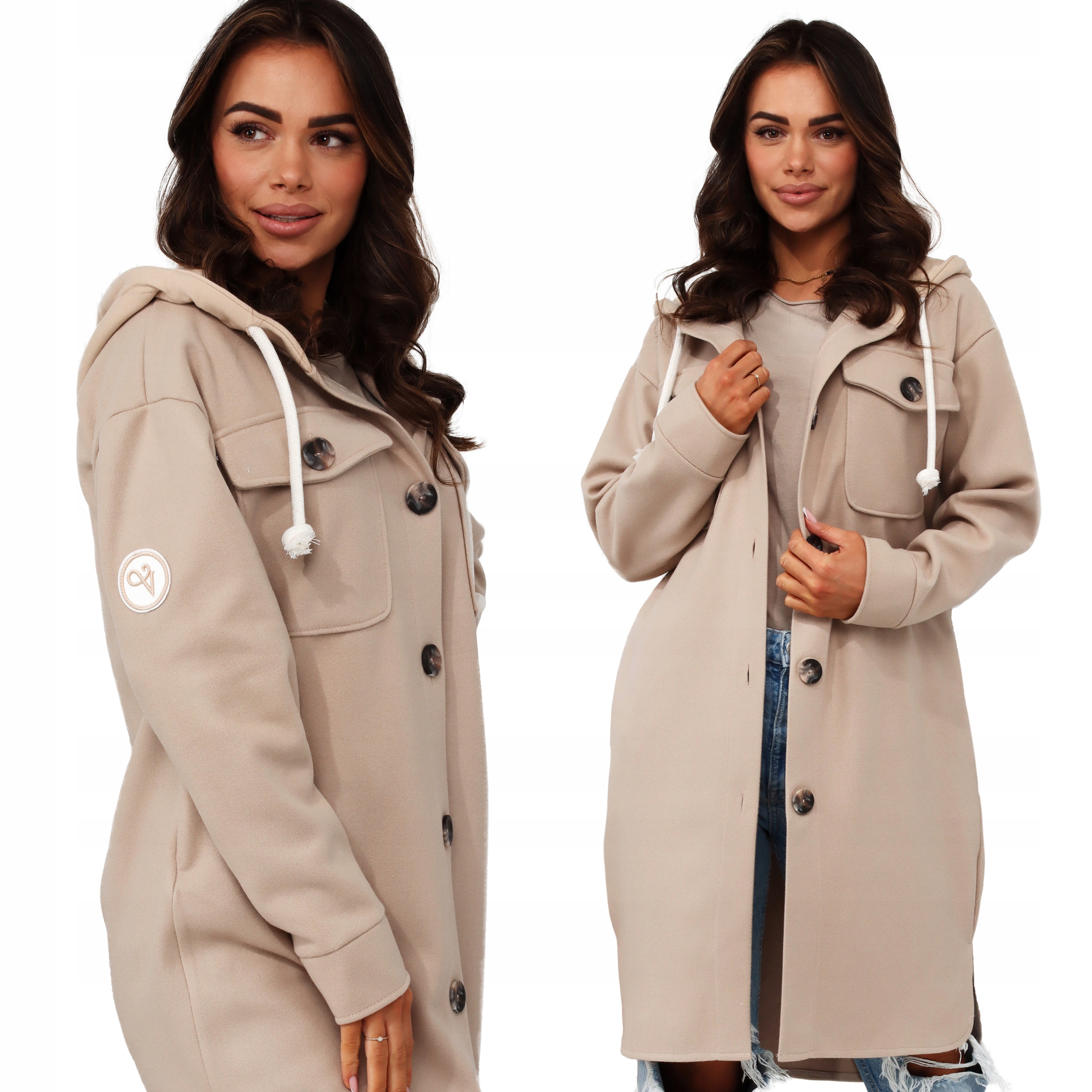 

Płaszcz Damski Kurtka Bluza Długi Kaptur 42 XL Beż