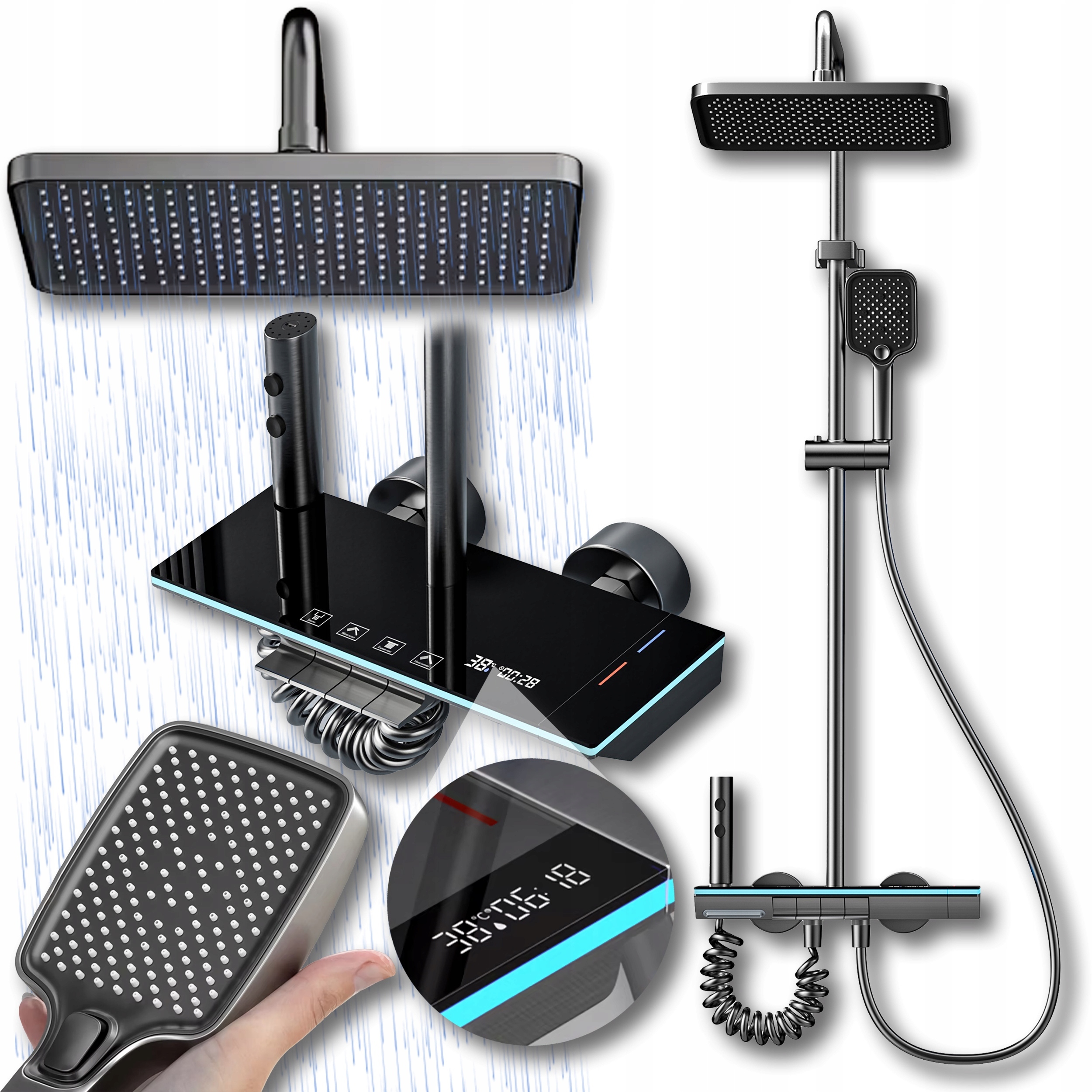 Sprchová Súprava Striekacia Kolumna S Batériou Termostat Dažďovka 4v1