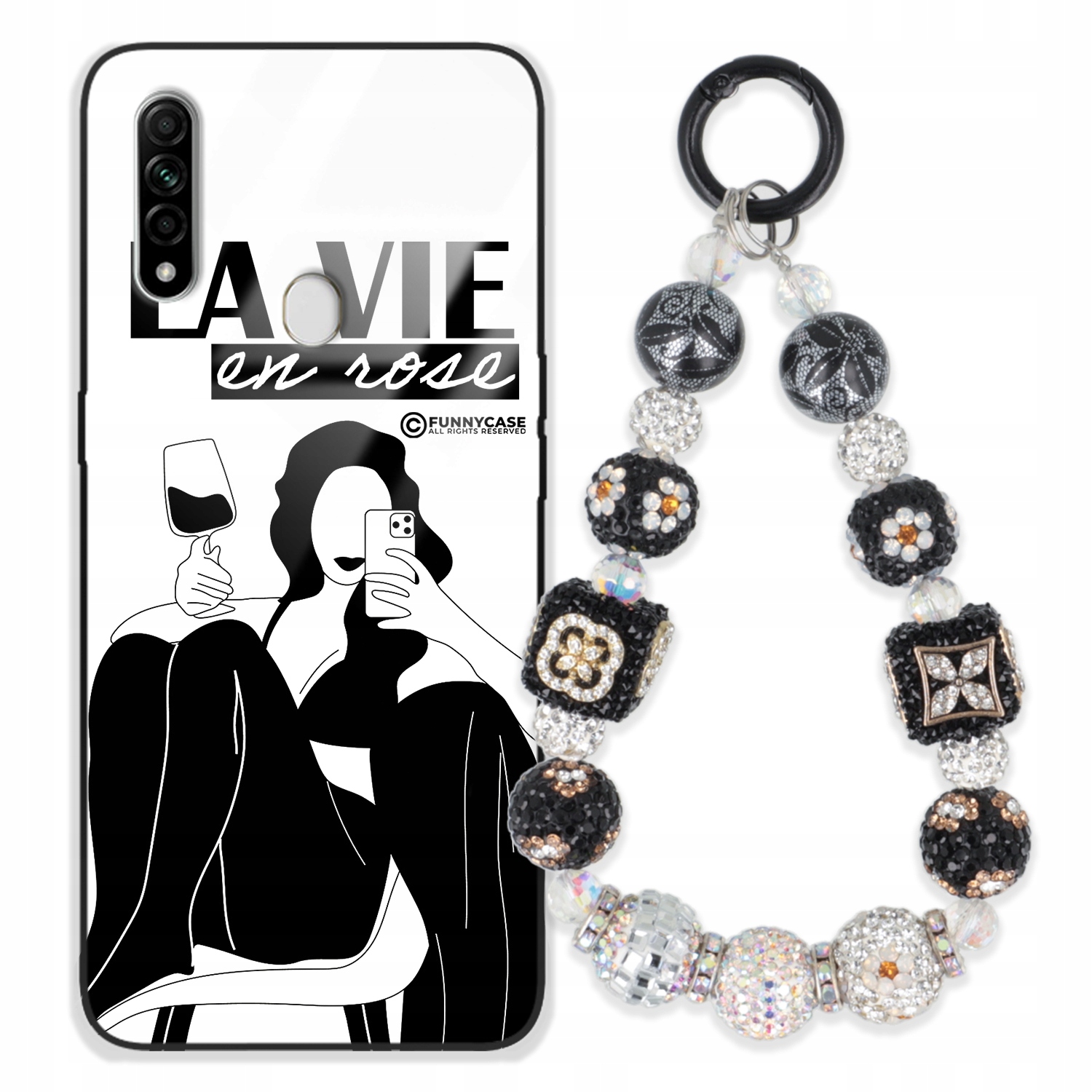 Puzdro Pre Oppo A31 Glass Ženské Čierno-biele Prívesok Strieborný, Zirkónový Vzor