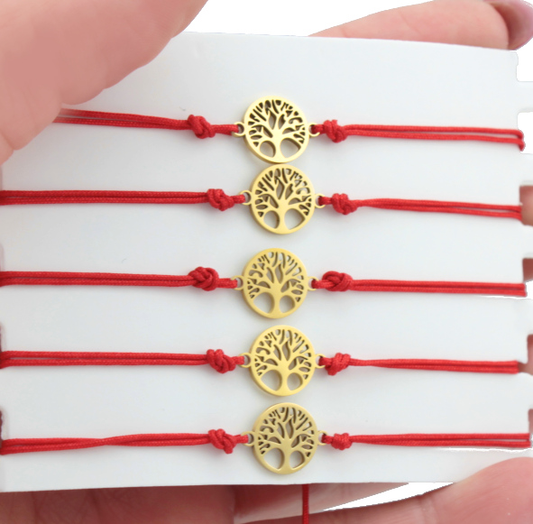 ZESTAW BRANSOLETEK STAL CHIRURGICZNA 5 Sztuk Czerwony Sznurek Złote Drzewko