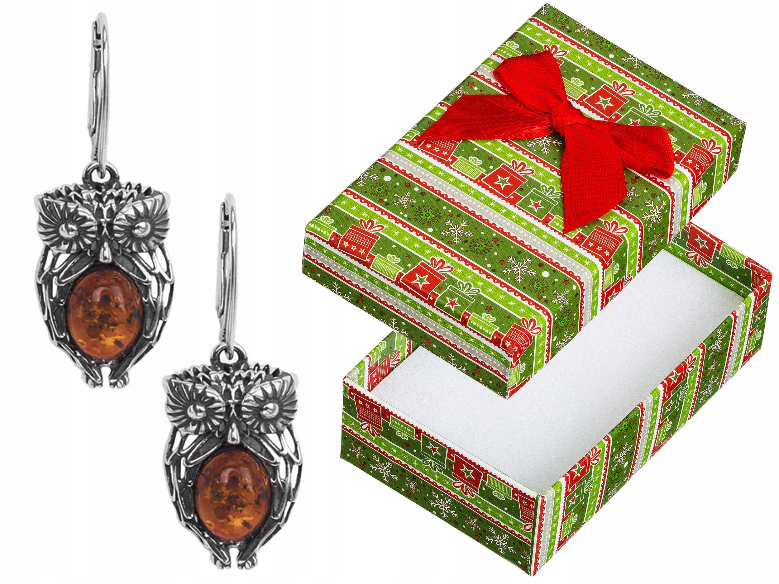 Stříbrné Náušnice Závěsné sovy s jantarem Anglické zapínání Oxidované