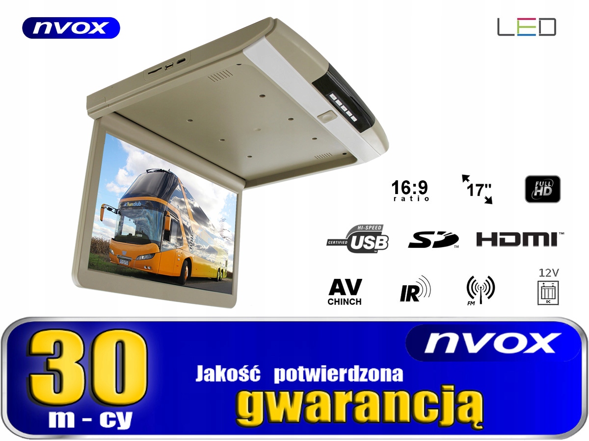NVOX MONITOR do samochodu PODWIESZANY PODSUFITOWY 17 " CALI HDMI USB Gwar30 Stan opakowania oryginalne