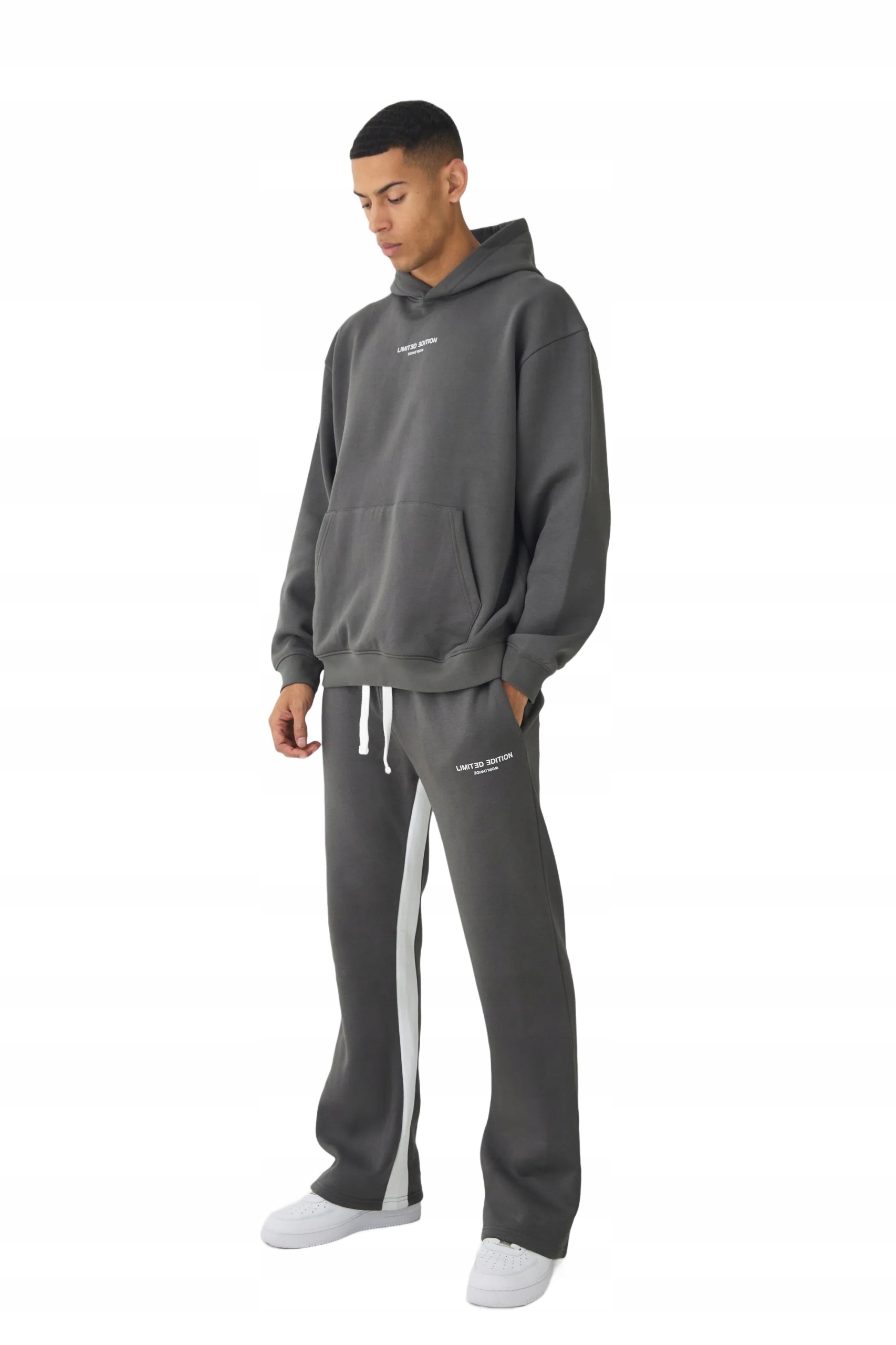 Boohooman Pánská Tepláková Souprava S Kapucí Šedá S Bílým Páskem L Z3A