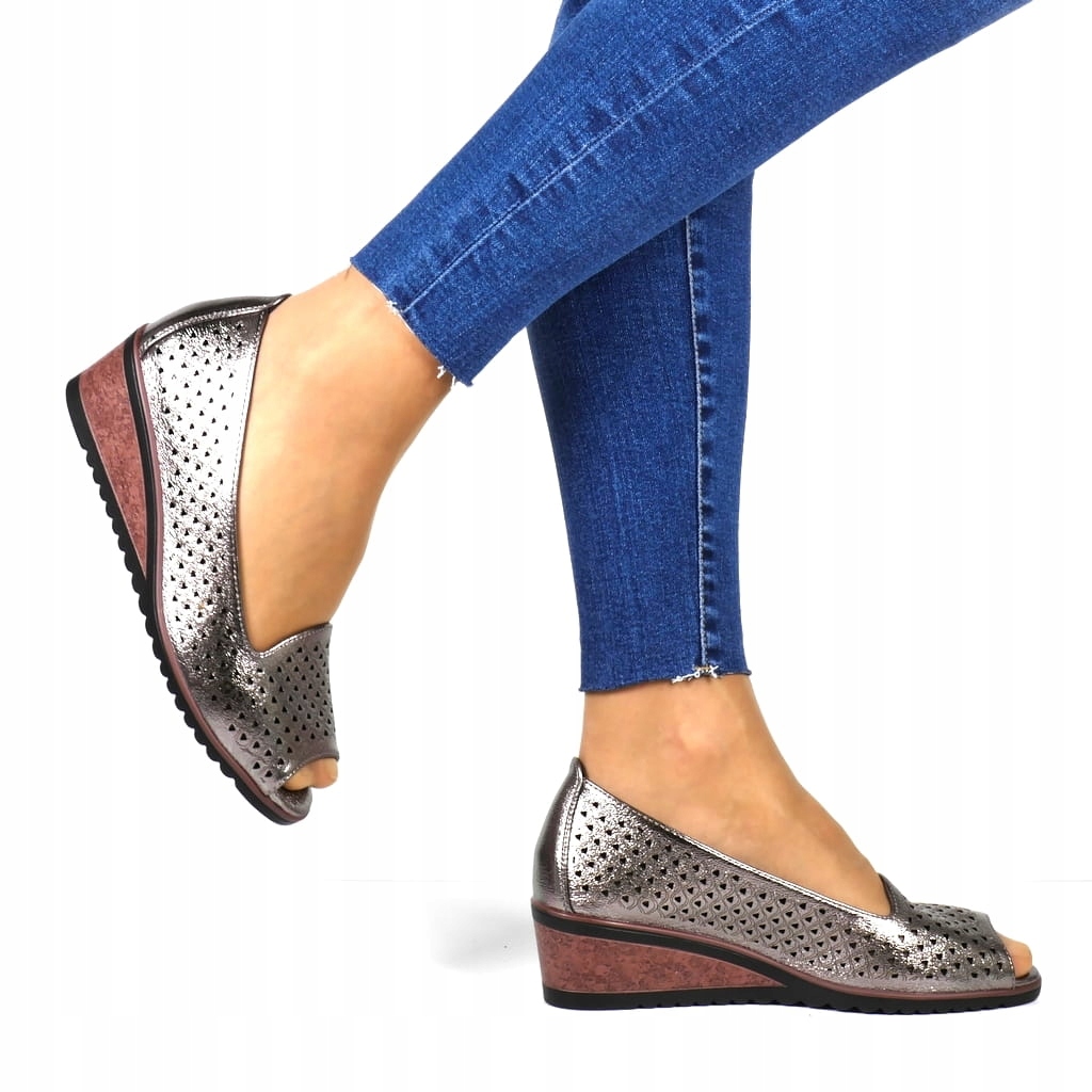 PÓŁBUTY NA KOTURNIE BUTY POTOCKI PEWTER SRERNE AŻUROWE ODKRYTY PALEC MODNE Oryginalne opakowanie producenta pudełko