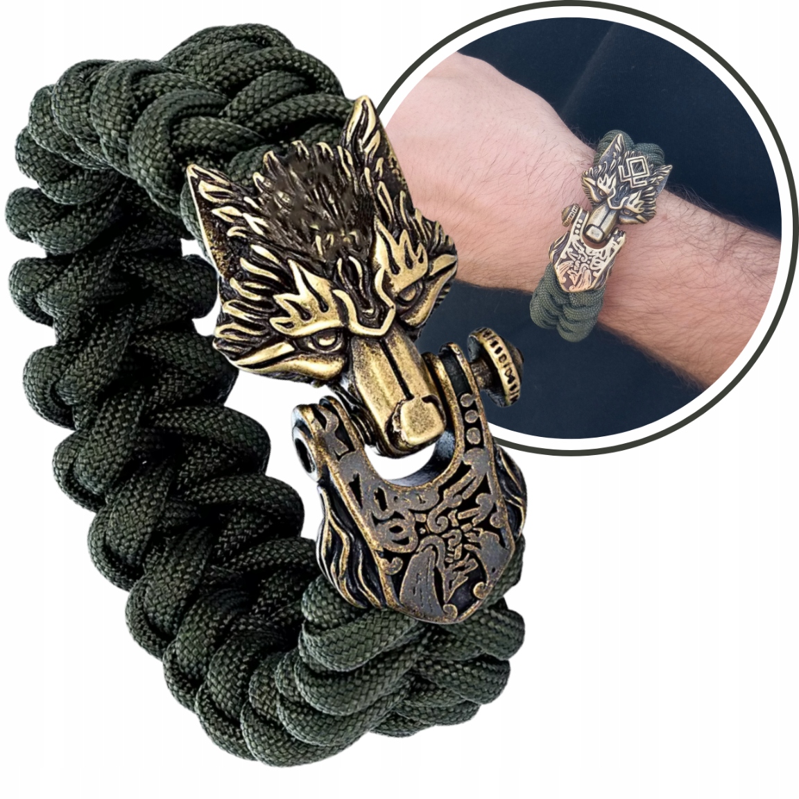 Pánský elegantní Dárek Pánský Náramek z pletené paracordové šňůry Vlk Viking Khaki