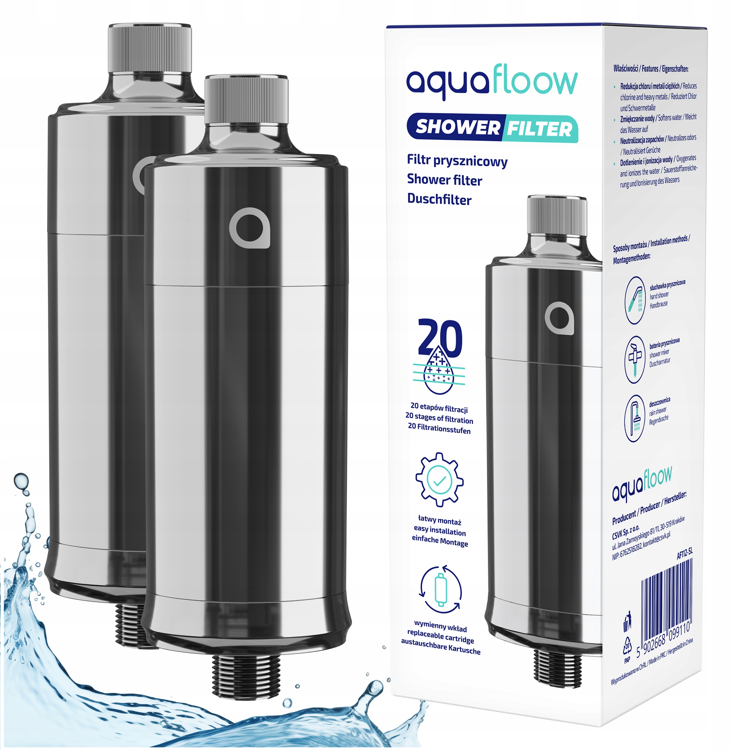 2x Filtr sprchové vody AquaFloow stříbrný pro tvrdou vodu, ochrana pokožky