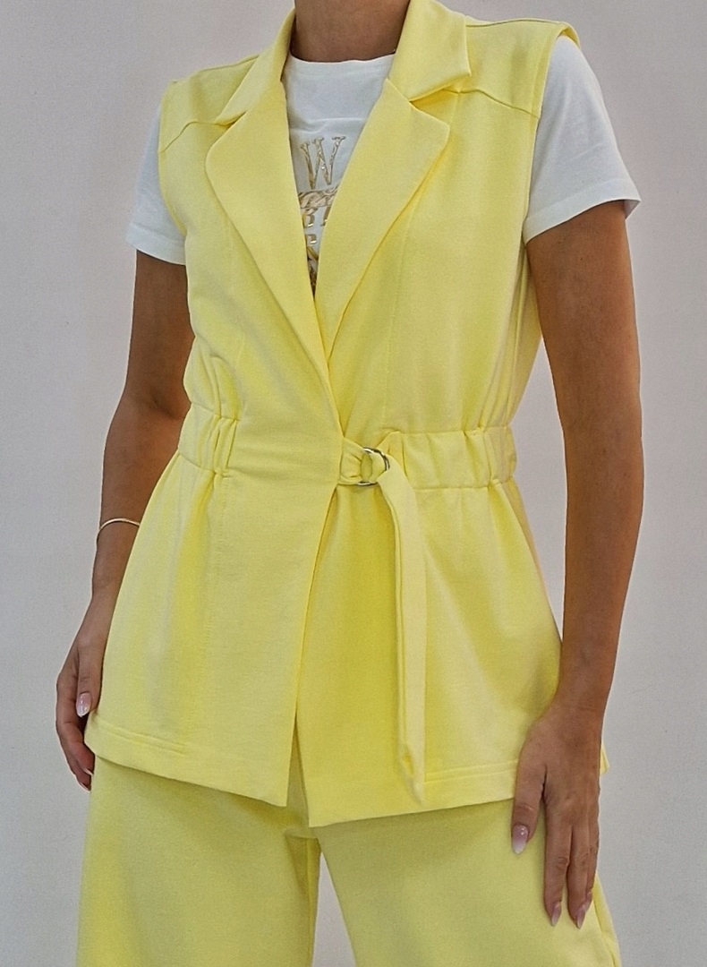 DRESOWY żółty KOMPLET - KAMIZELKA I SZEROKIE SPODNIE r.38 (36-54) Wzór dominujący bez wzoru