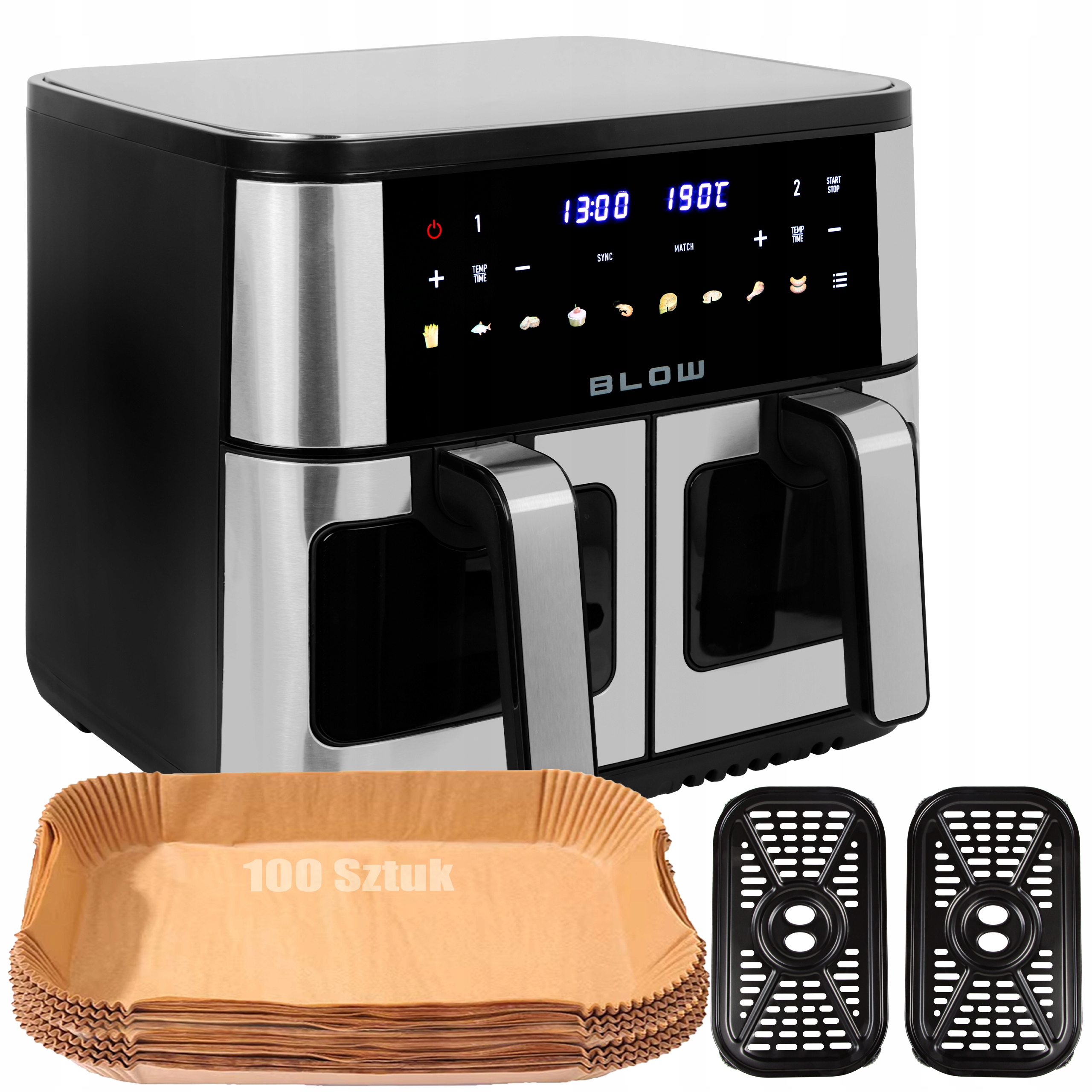 Air Fryer Dwukomorowy Frytkownica Beztłuszczowa XXL 9L 2 Grzałki Mocna 2600