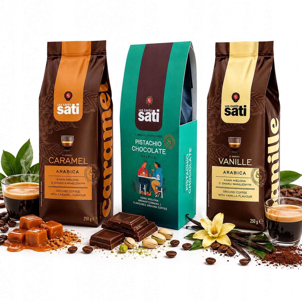 Káva Chutná Sati Vanilková Pistáciová Čokoládová 250 g 100% Arabica