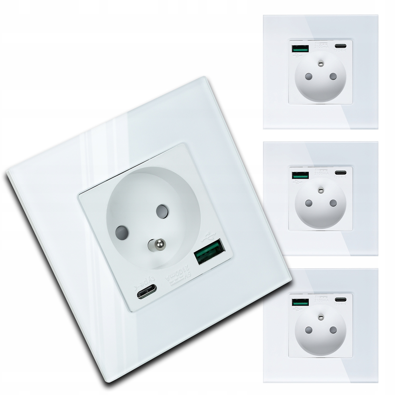 4x Skleněná Bílá Elektrická Zásuvka Kontakt Nástěnná Usb Nabíječka